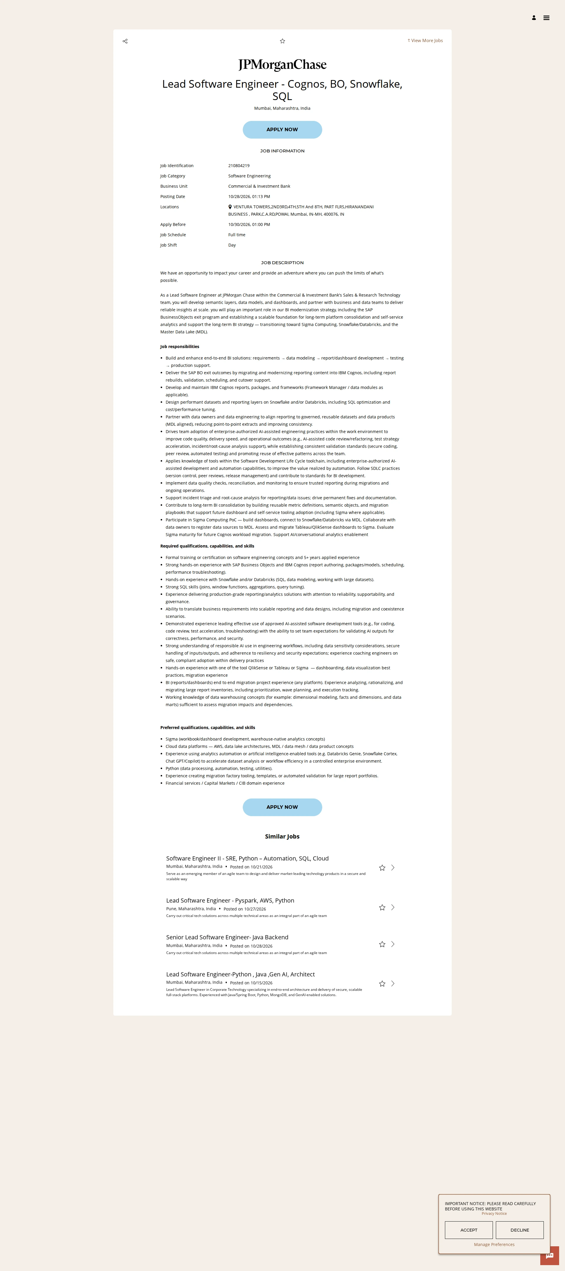 JPMorganChase Lead Software Engineer - Cognos, BO, Snowflake, SQL 채용공고
