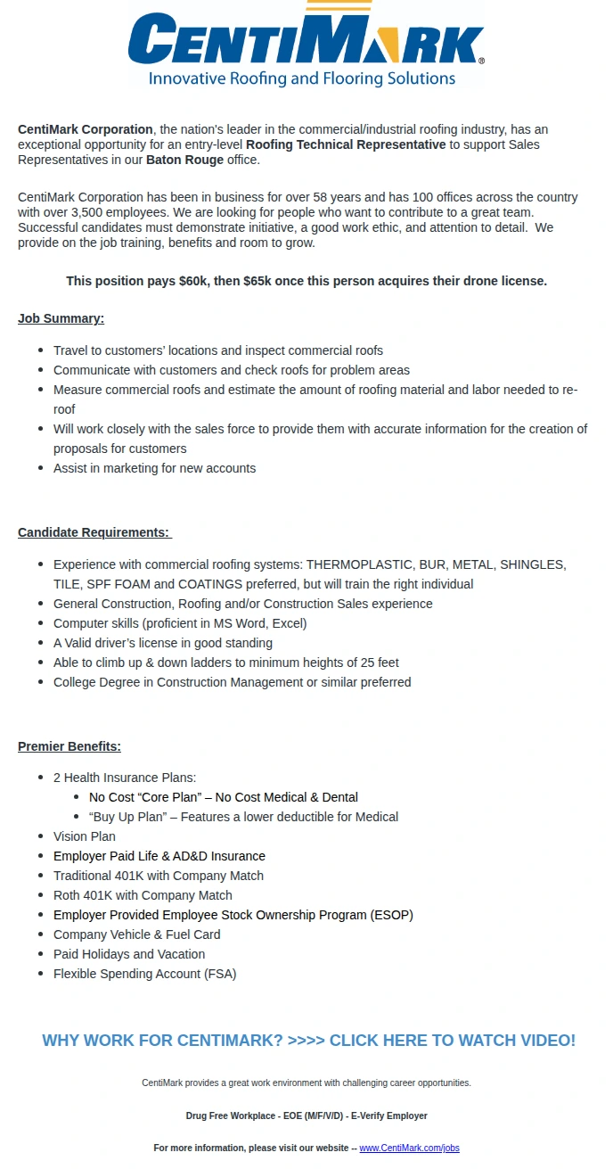CentiMark Corporation Roofing Technical Representative 채용공고