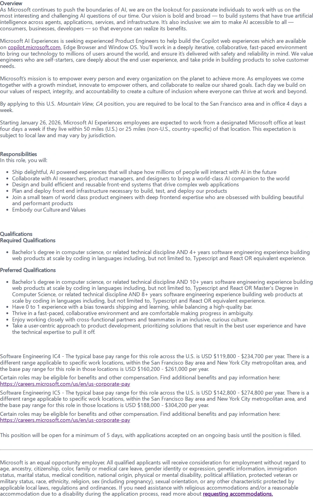 마이크로소프트(Microsoft) Principal Software Engineer - AI Experiences, Copilot 채용공고