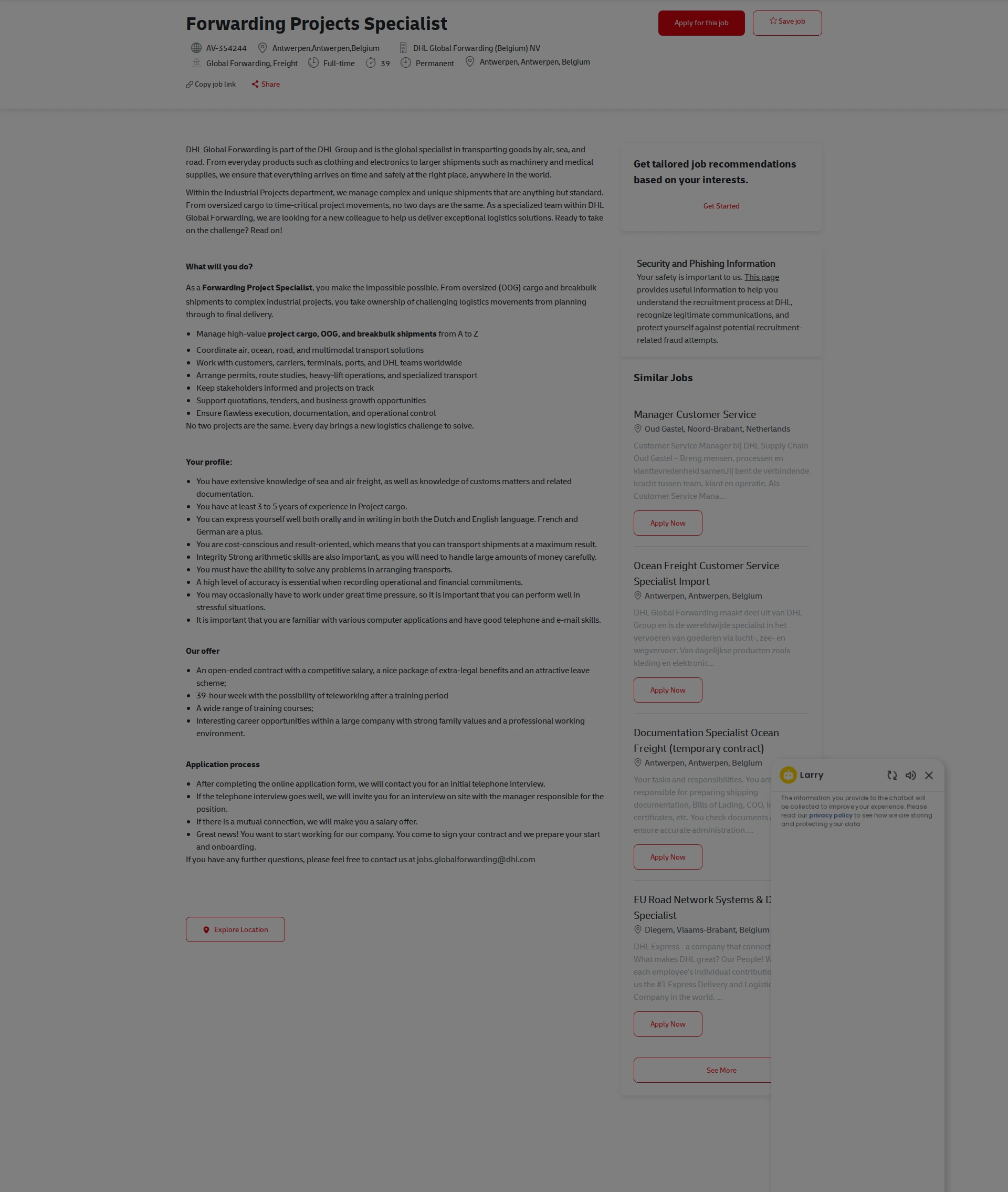 DHL Forwarding Projects Specialist 채용공고