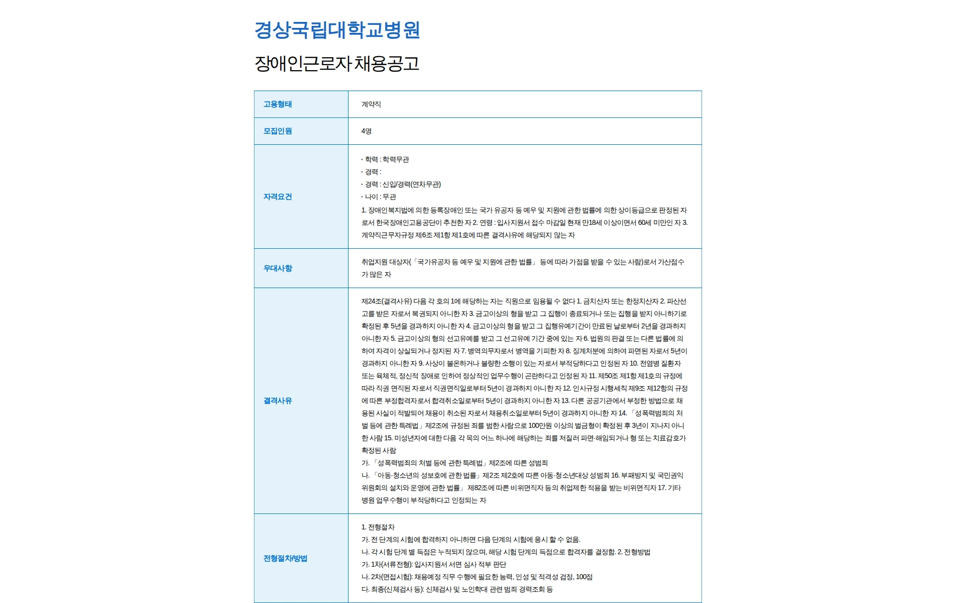 경상국립대학교병원 장애인근로자 채용공고 채용공고