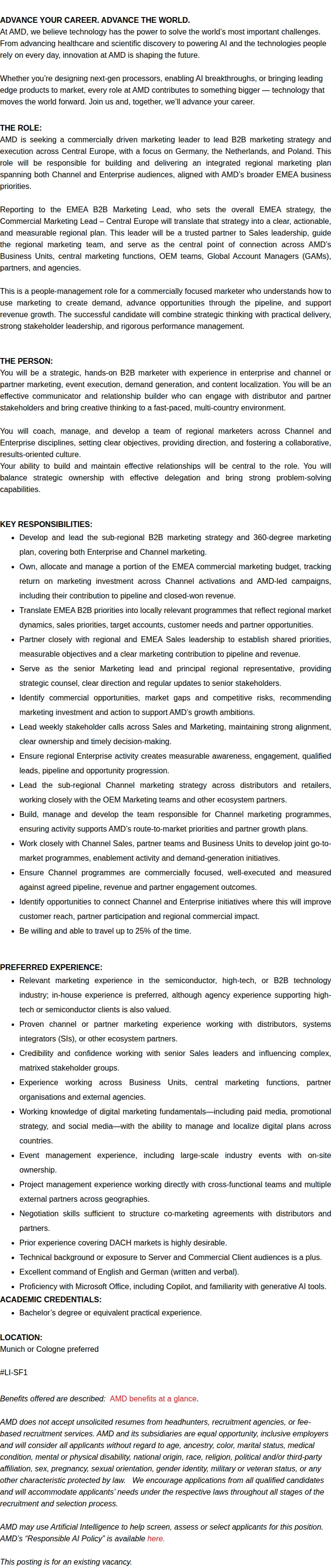 AMD Channel Marketing Lead - Central Europe 채용공고