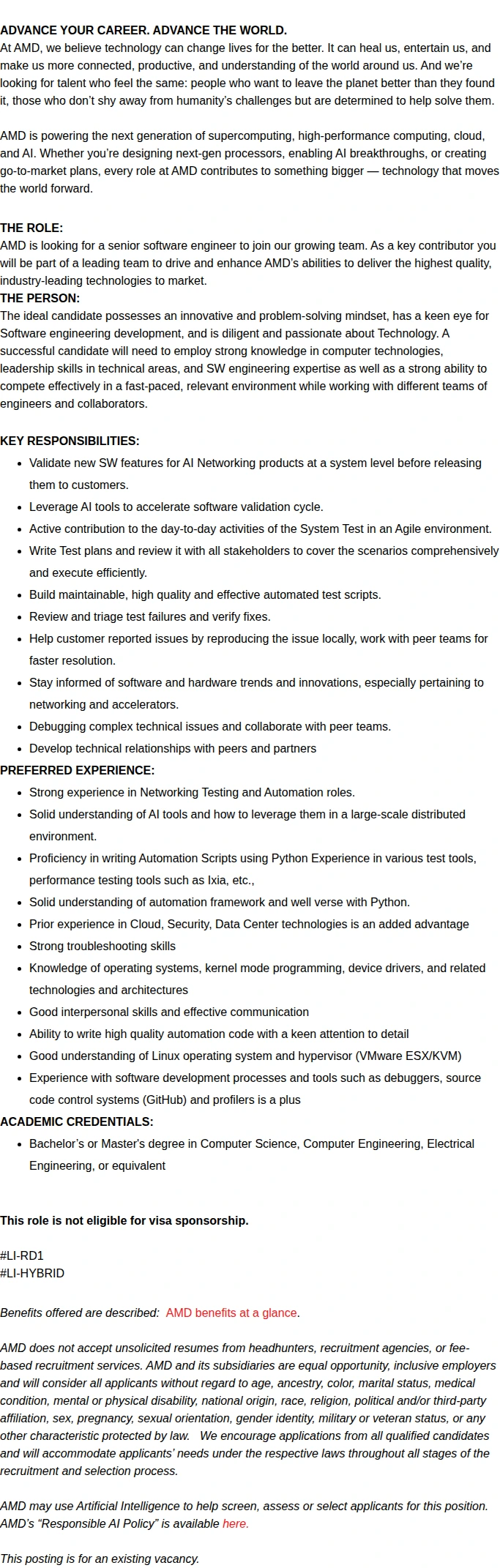 AMD AI Networking System/Solution Test Engineer 채용공고