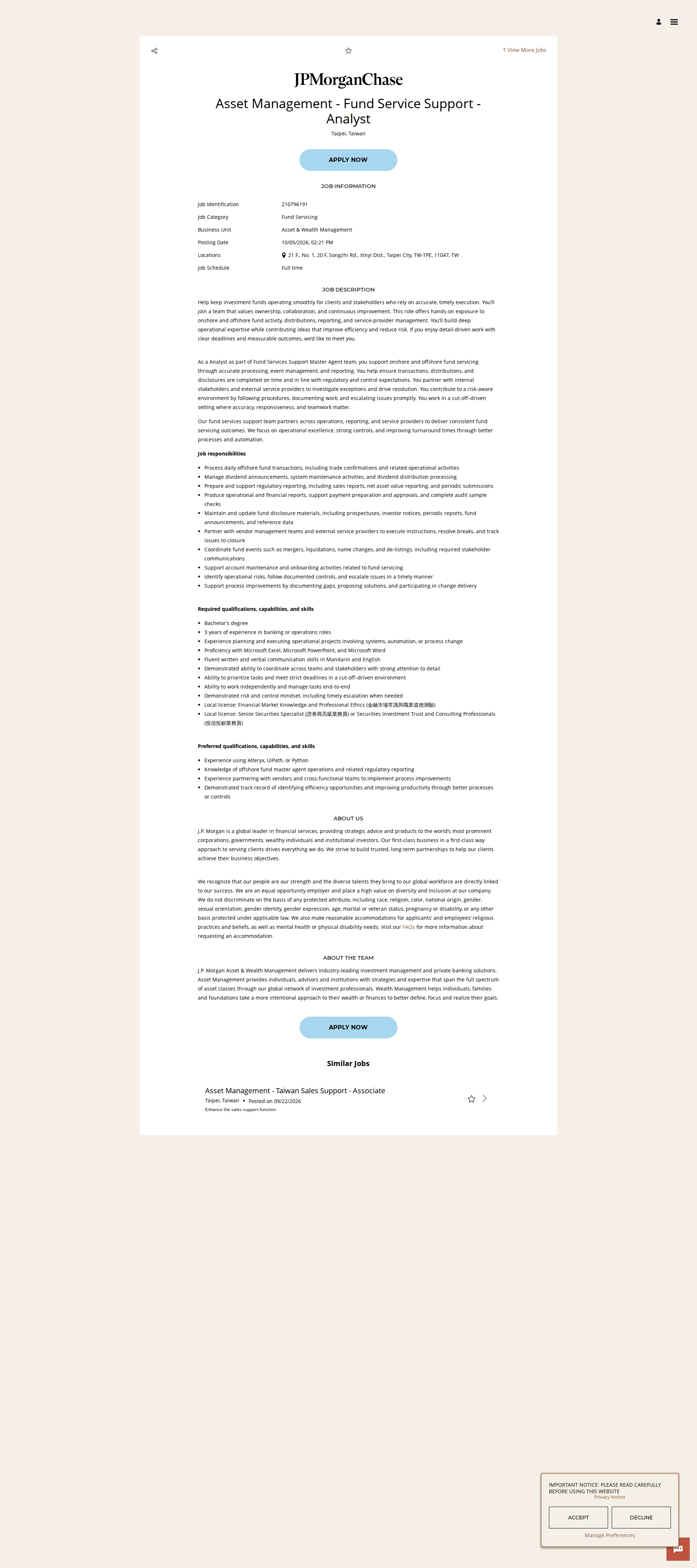 JPMorganChase Asset Management - Fund Service Support - Analyst 채용공고
