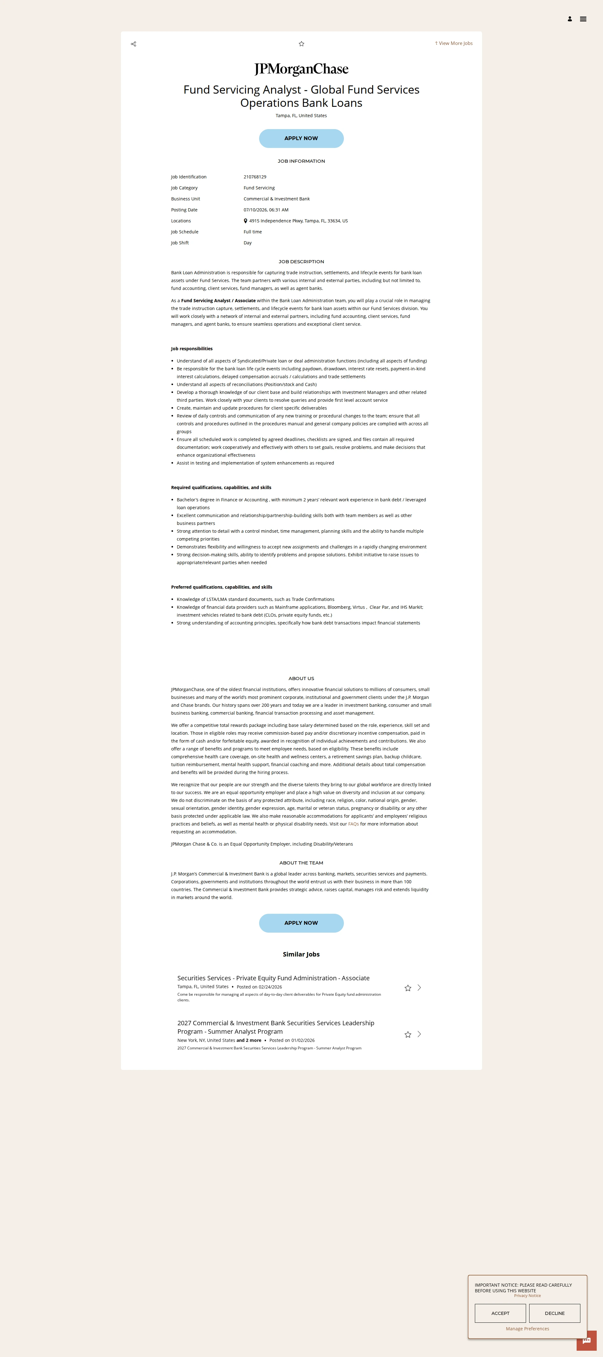 JPMorganChase Fund Servicing Analyst - Global Fund Services Operations Bank Loans 채용공고