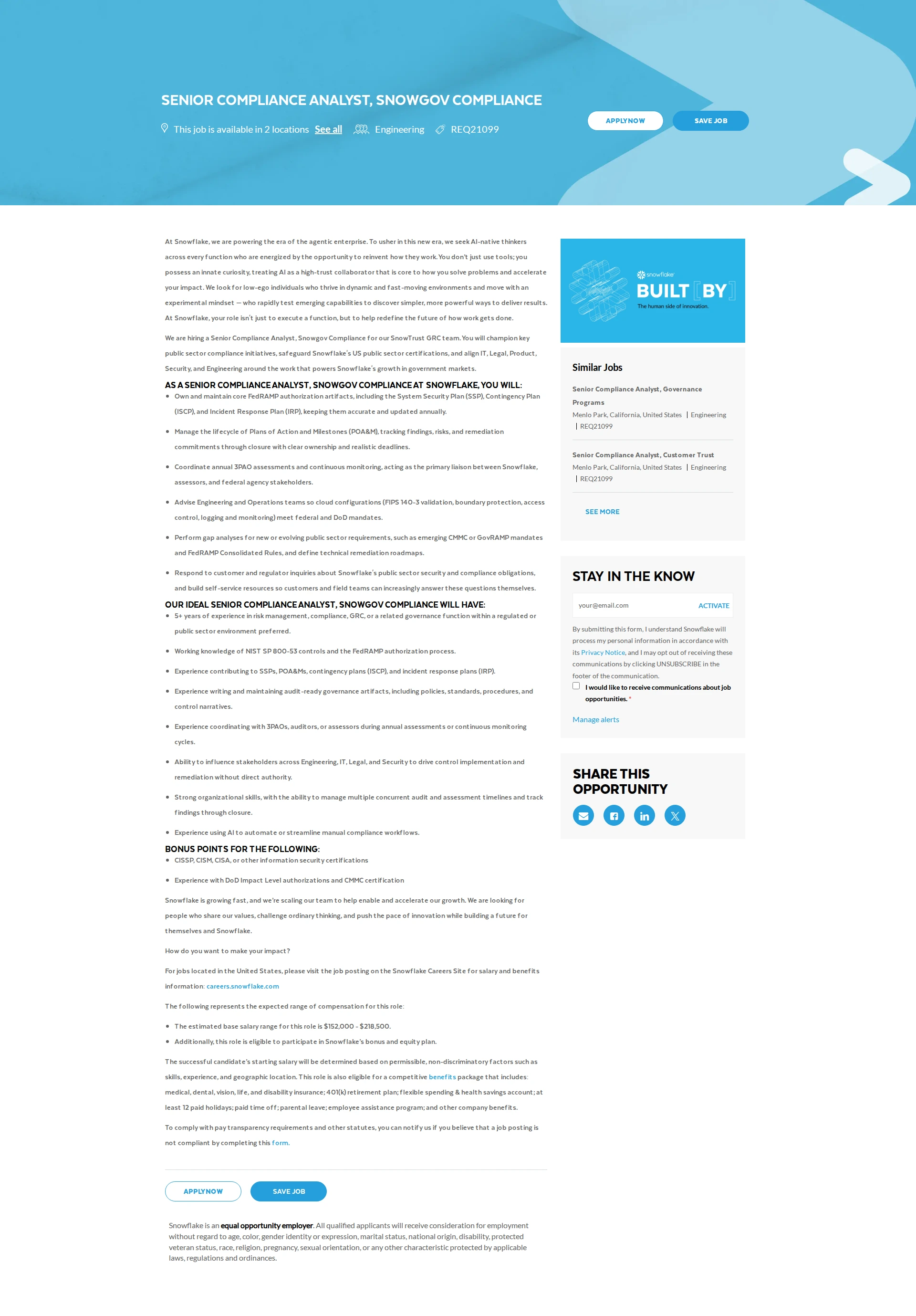 스노우플레이크 Senior Compliance Analyst, Governance Programs 채용공고