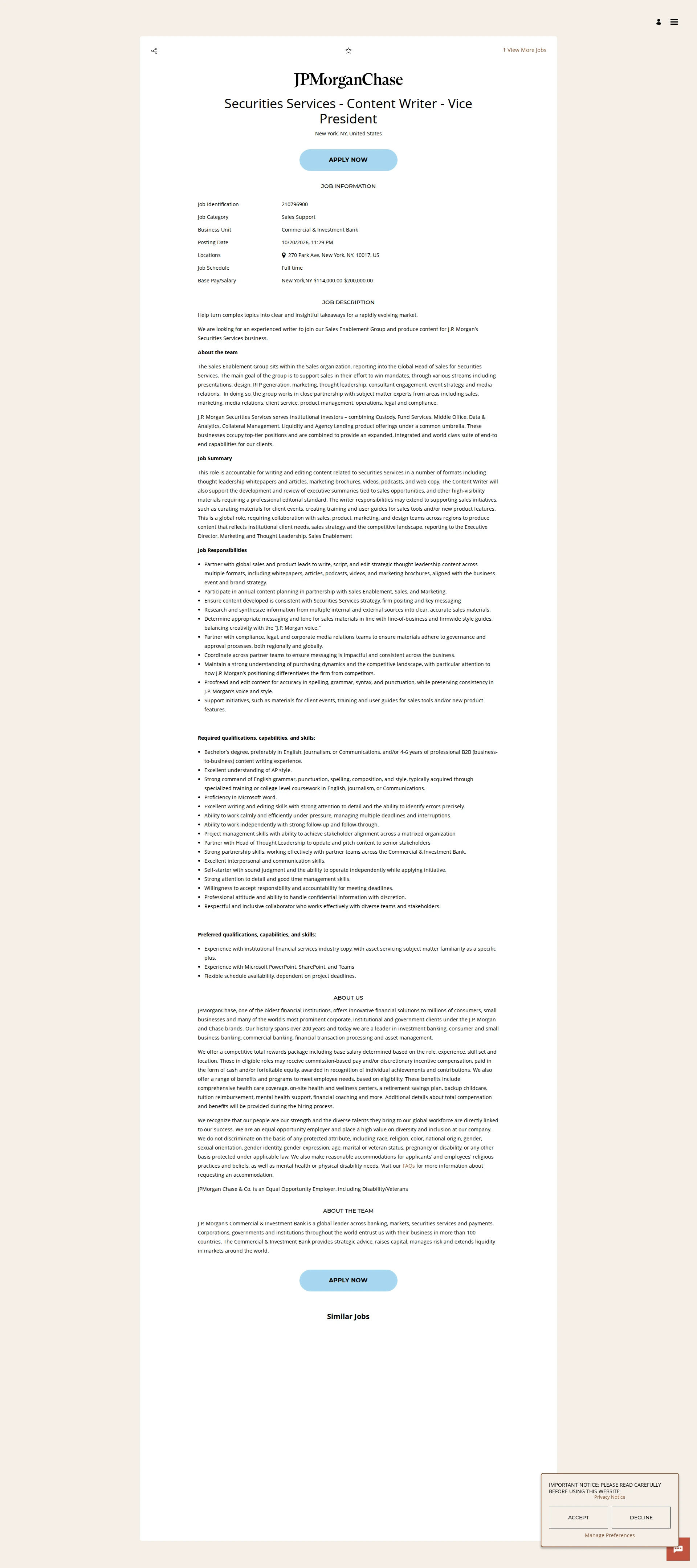 JPMorganChase Securities Services - Content Writer - Vice President 채용공고