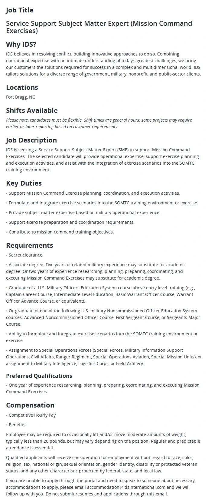 IDS International Service Support Subject Matter Expert (Mission Command Exercises) 채용공고