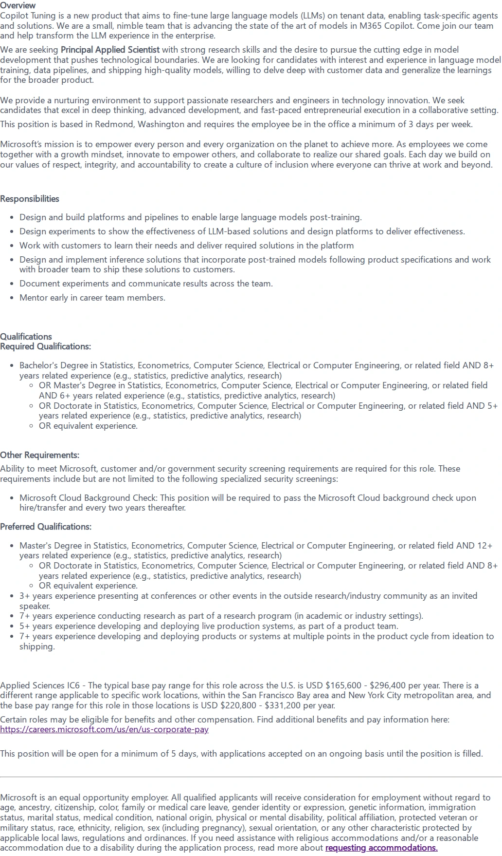 마이크로소프트(Microsoft) Principal Applied Scientist 채용공고