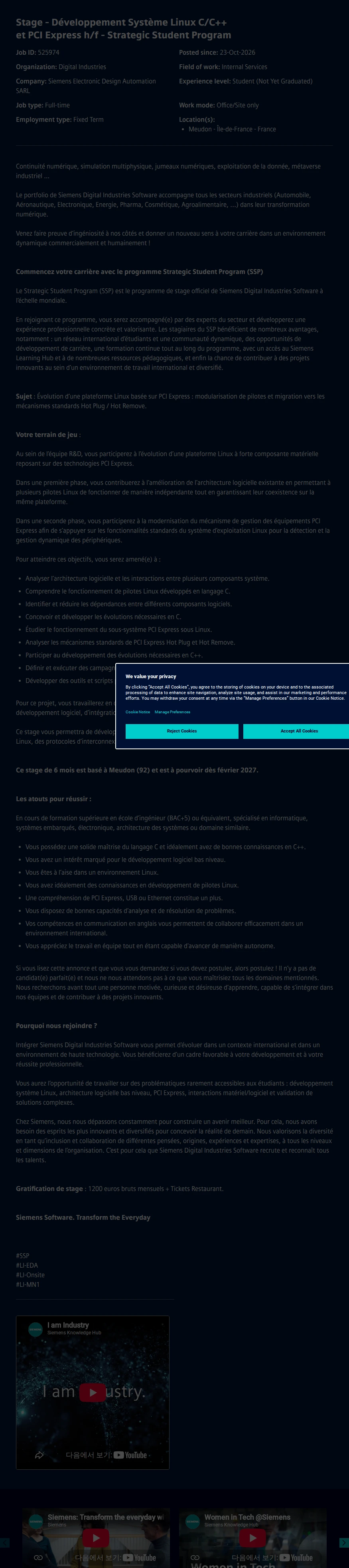 지멘스 Stage - Développement Système Linux C/C++ et PCI Express h/f - Strategic Student Program 채용공고