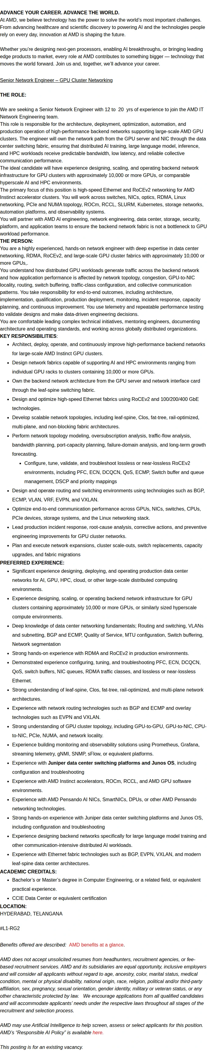 AMD Senior Network Engineer – GPU Cluster Networking 채용공고