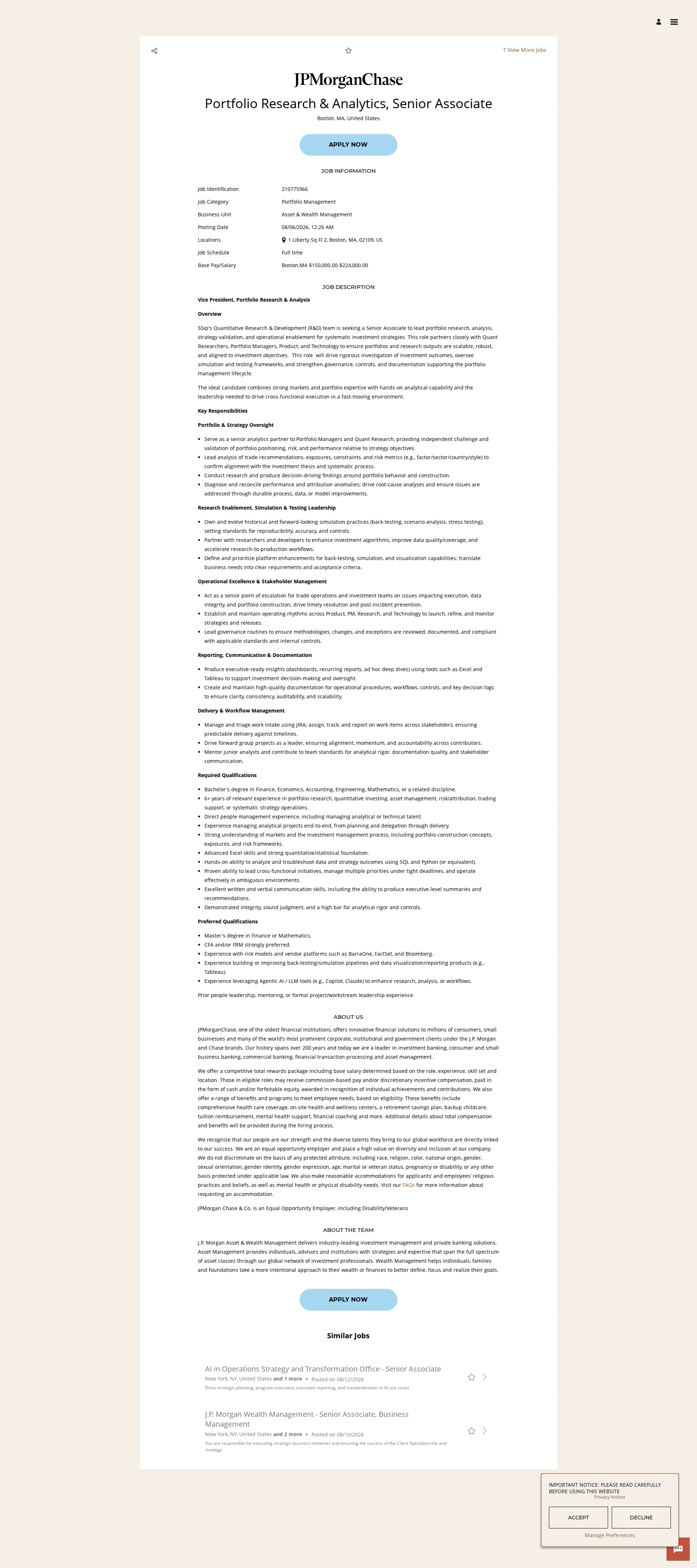 JPMorganChase Portfolio Research & Analytics, Senior Associate 채용공고