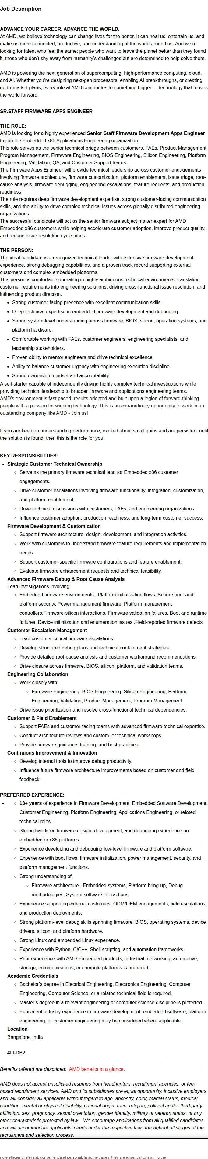 AMD Sr.Staff Security Firmware Apps Engineer 채용공고