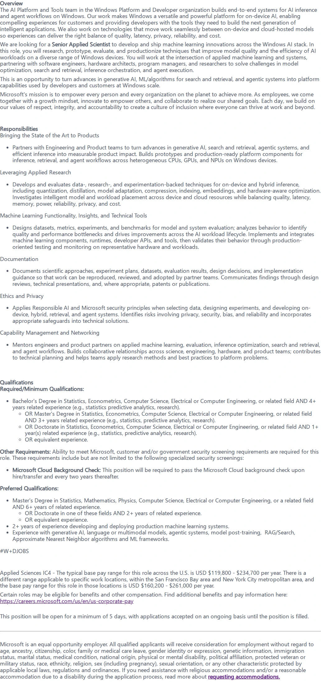 마이크로소프트(Microsoft) Senior Applied Scientist 채용공고