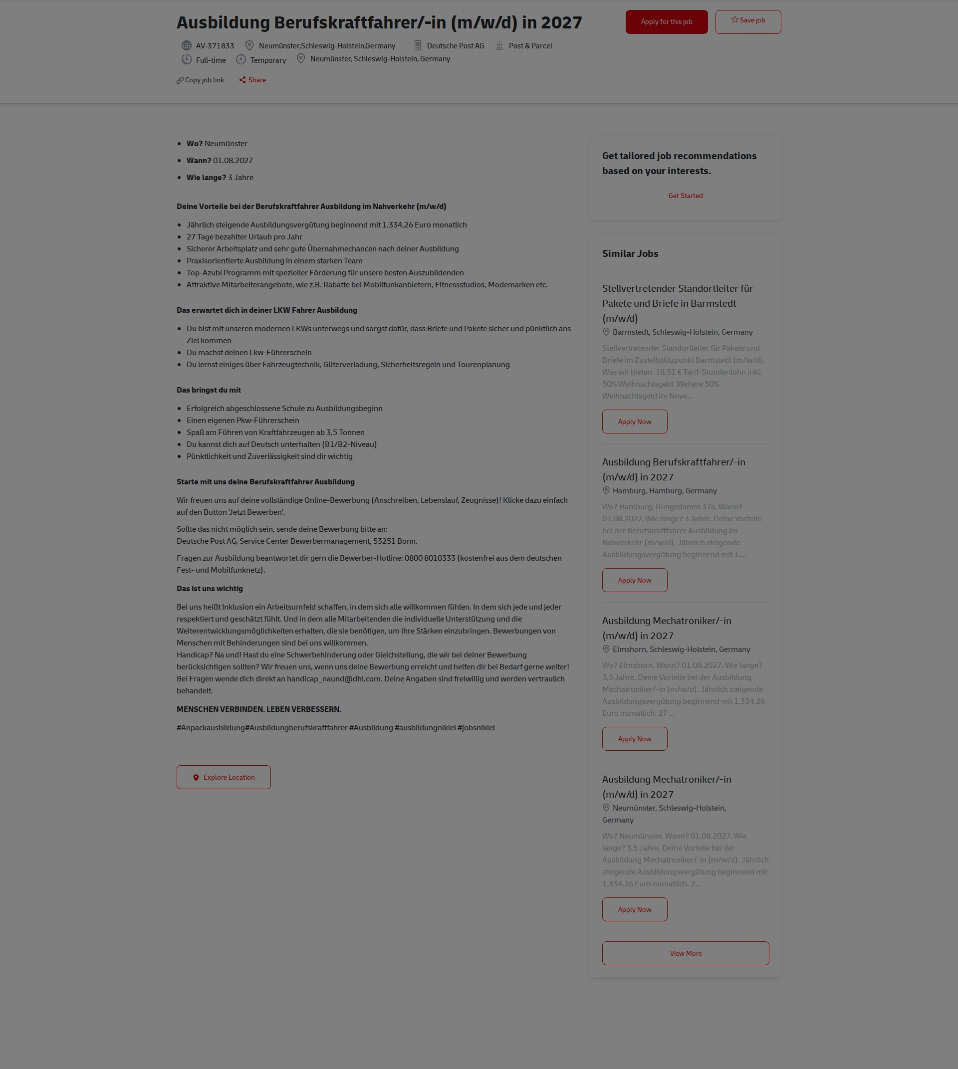 DHL Ausbildung Berufskraftfahrer/-in (m/w/d) in 2027 채용공고