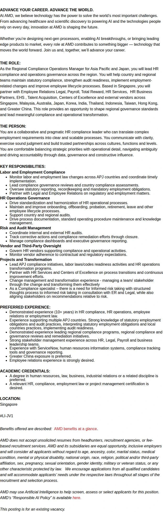 AMD Regional Compliance Operations Manager, APJ 채용공고