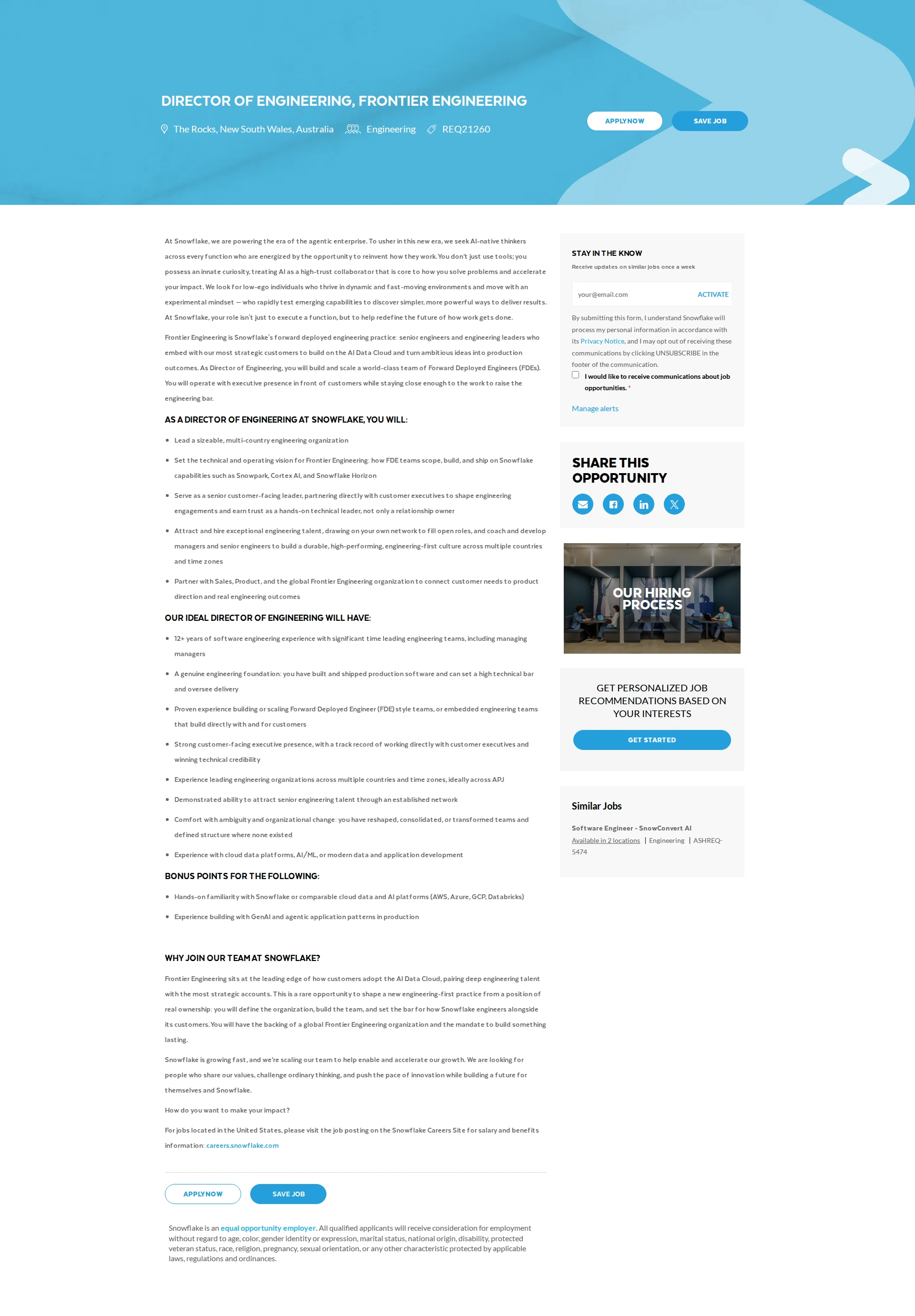스노우플레이크 Director of Engineering, Frontier Engineering 채용공고