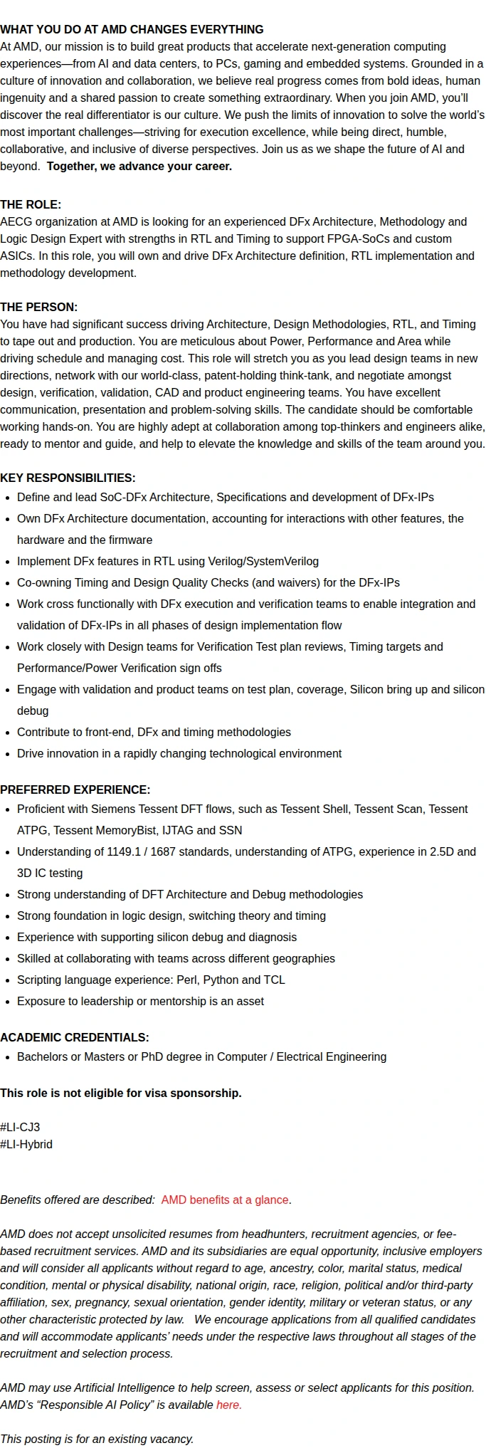 AMD Staff DFx Methodology Architect 채용공고