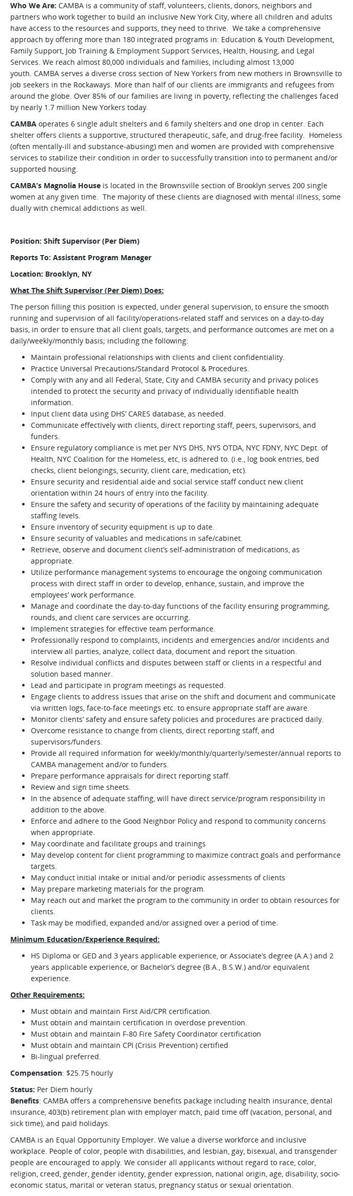 CAMBA Shift Supervisor, Magnolia House Women's Shelter (Per Diem) 채용공고