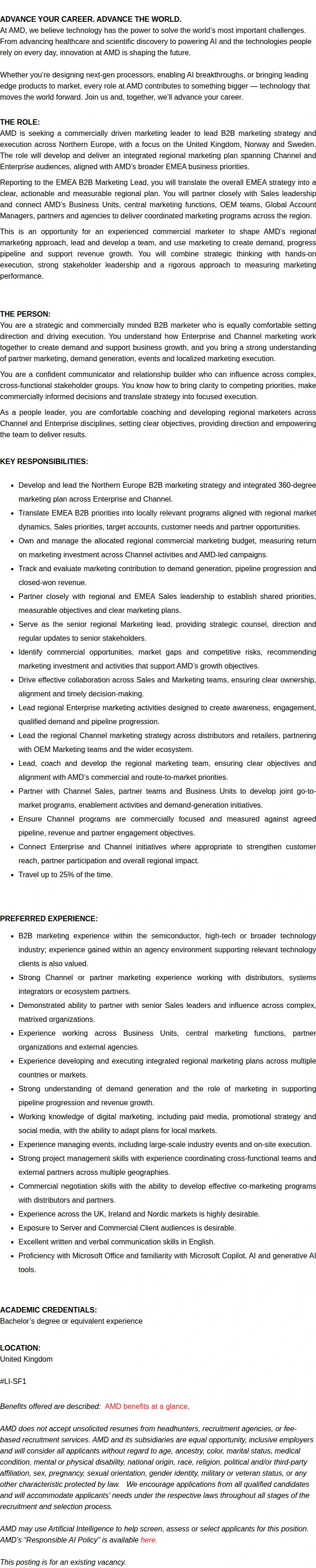 AMD Channel Marketing Lead - Northern Europe 채용공고
