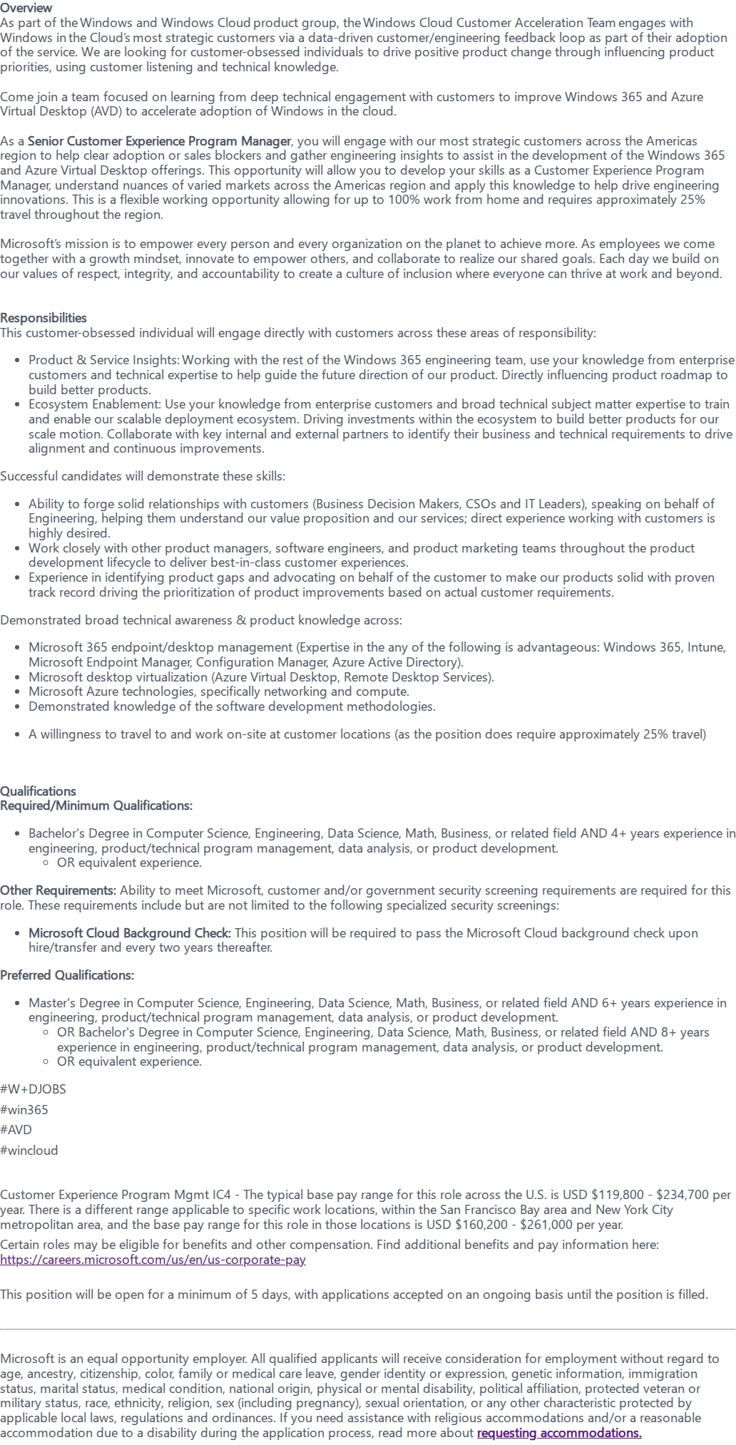 마이크로소프트(Microsoft) Senior Customer Experience Program Manager 채용공고