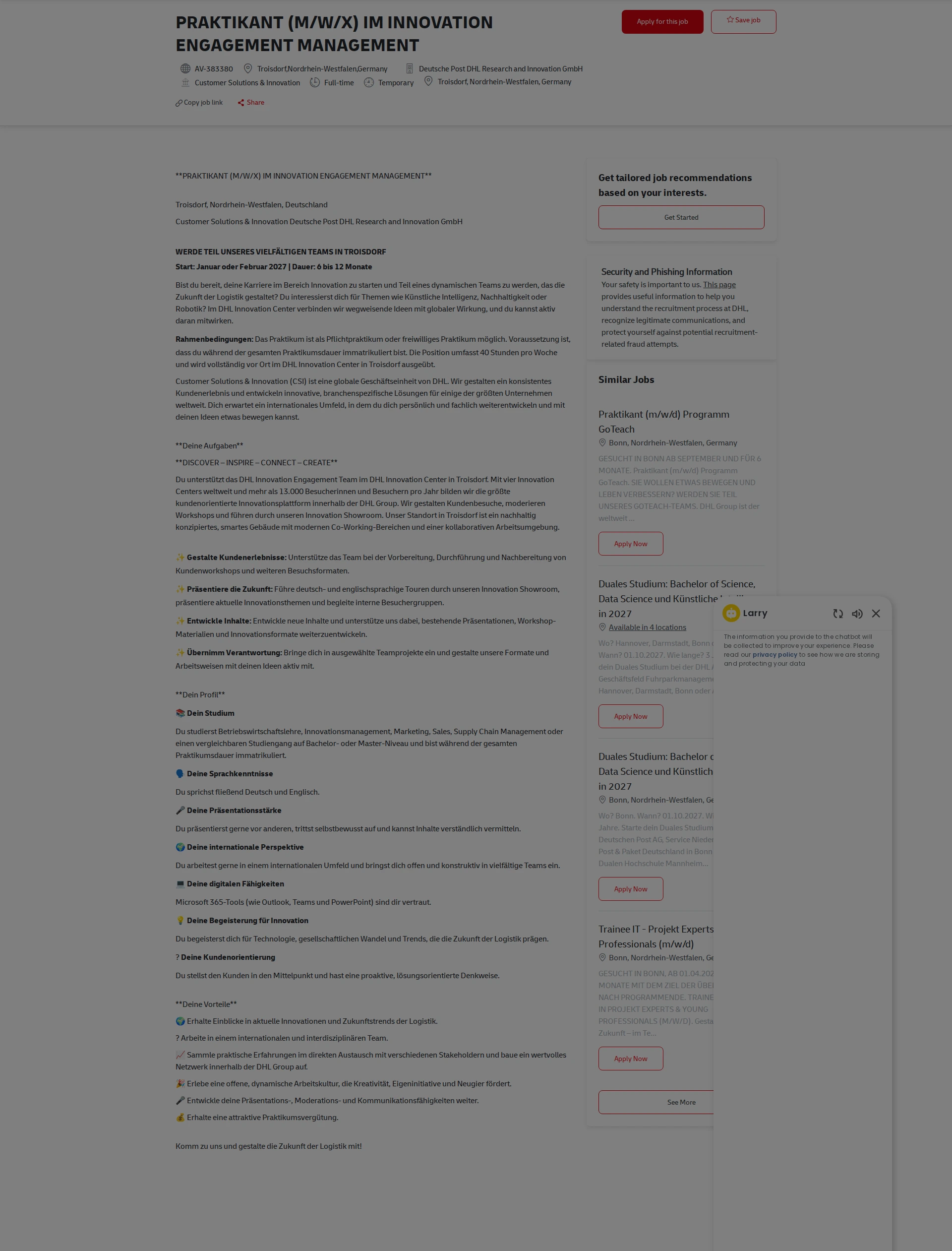 DHL PRAKTIKANT (M/W/X) IM INNOVATION ENGAGEMENT MANAGEMENT 채용공고