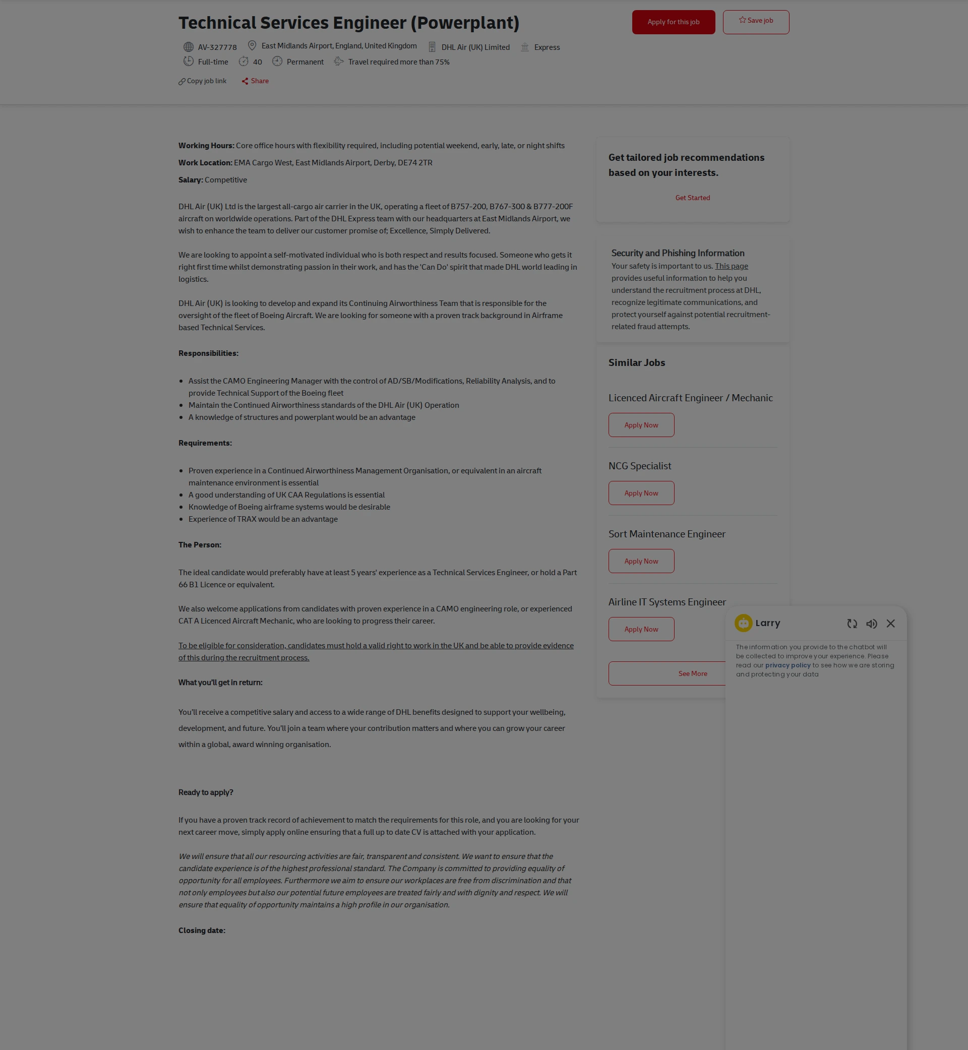 DHL Technical Services Engineer (Powerplant) 채용공고