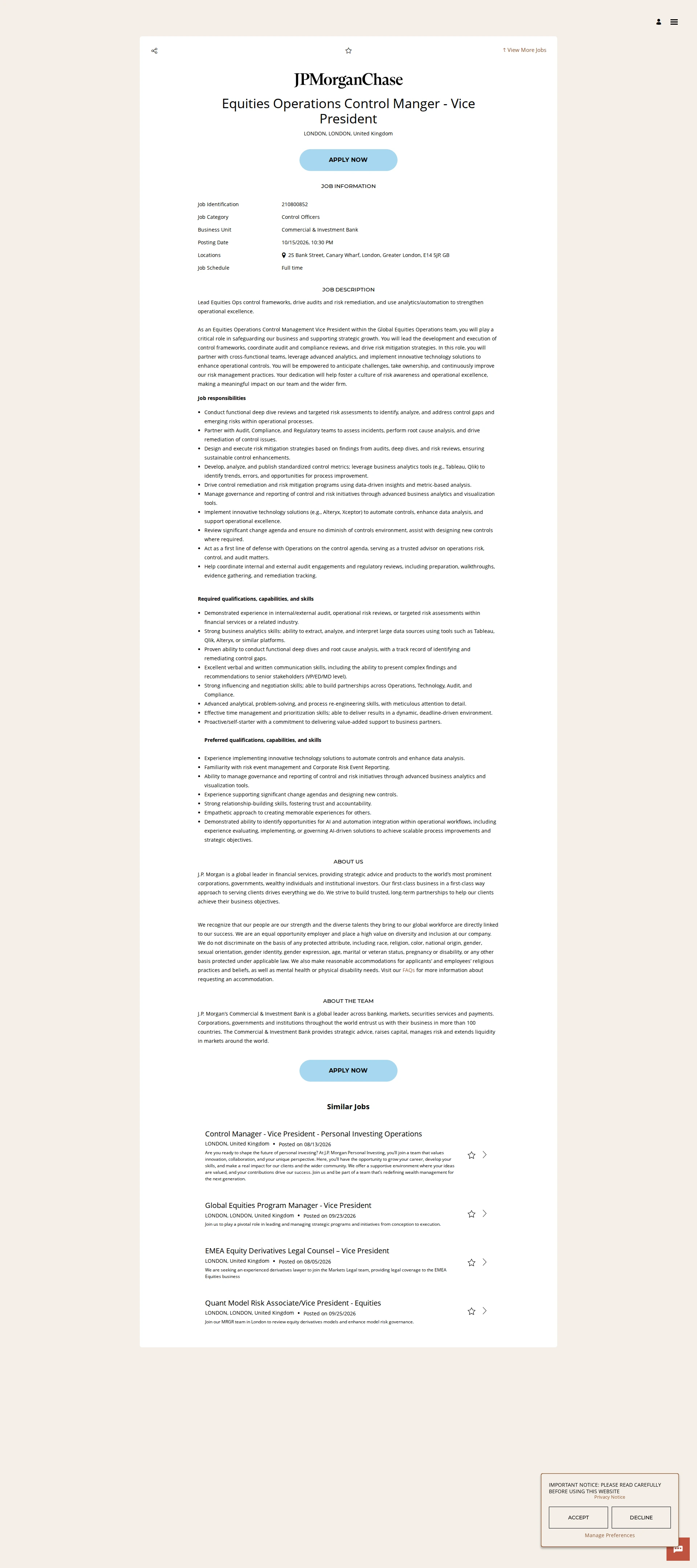 JPMorganChase Equities Operations Control Manger - Vice President 채용공고