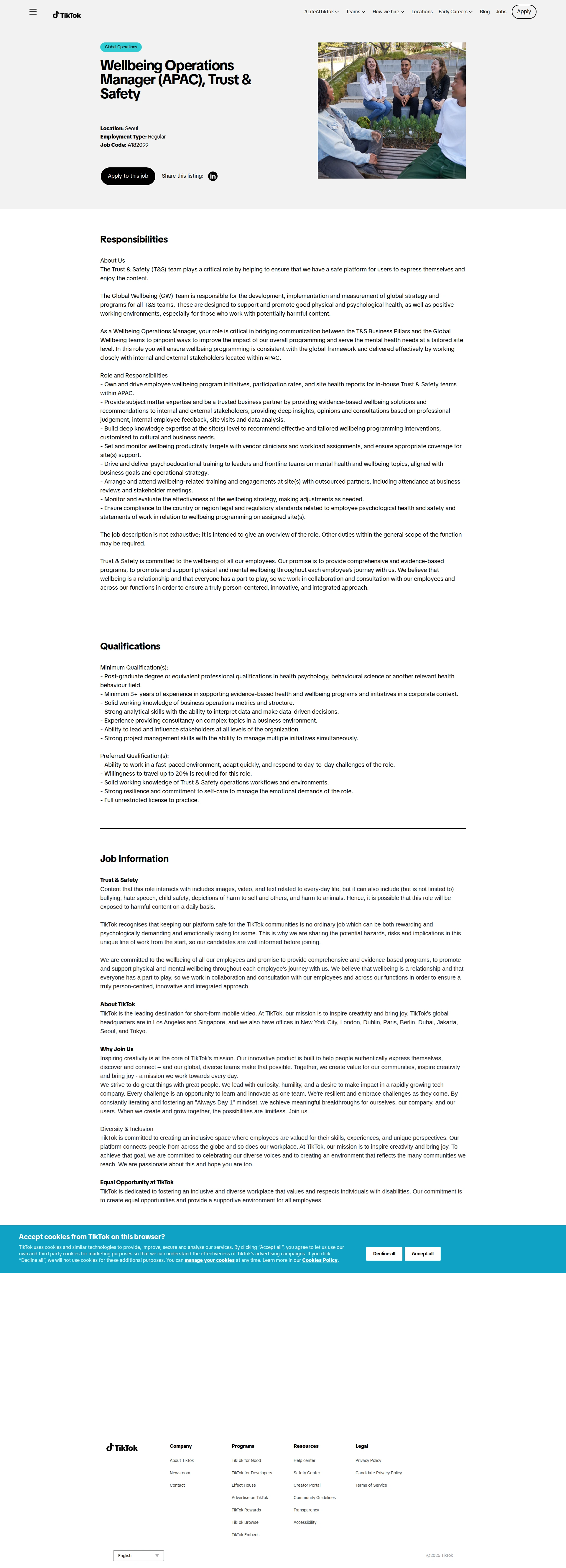 틱톡 Wellbeing Operations Manager (APAC), Trust & Safety 채용공고