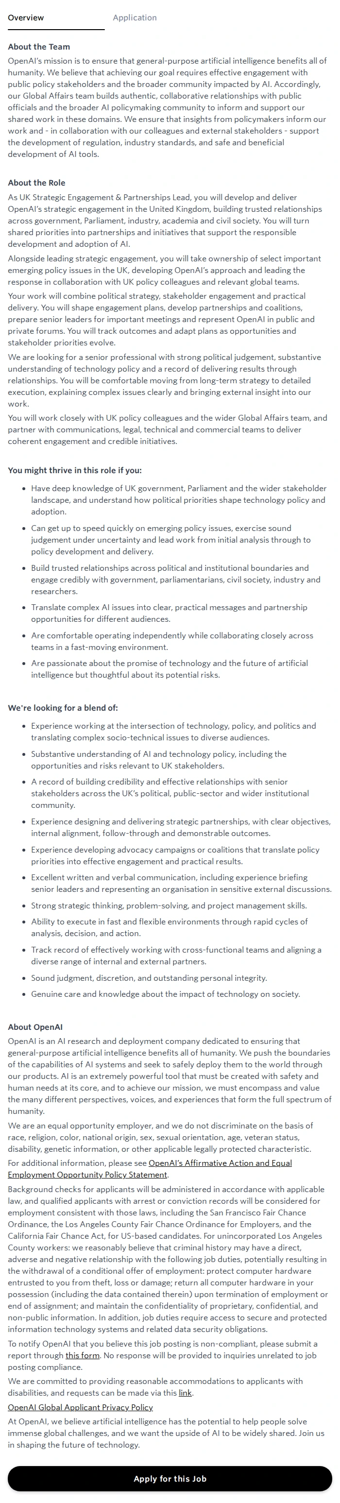 오픈에이아이(OpenAI) UK Head of Strategic Engagement & Partnerships 채용공고