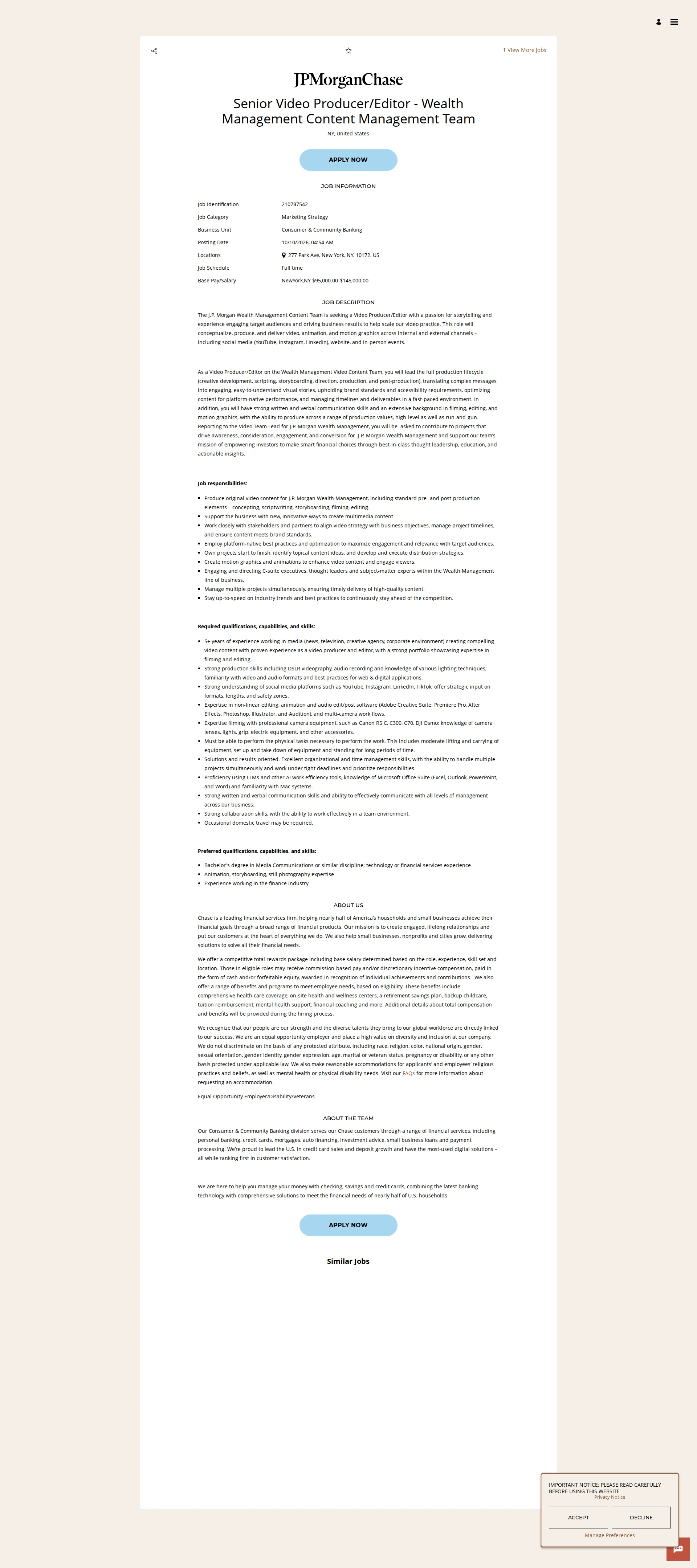 JPMorganChase Senior Video Producer/Editor - Wealth Management Content Management Team 채용공고