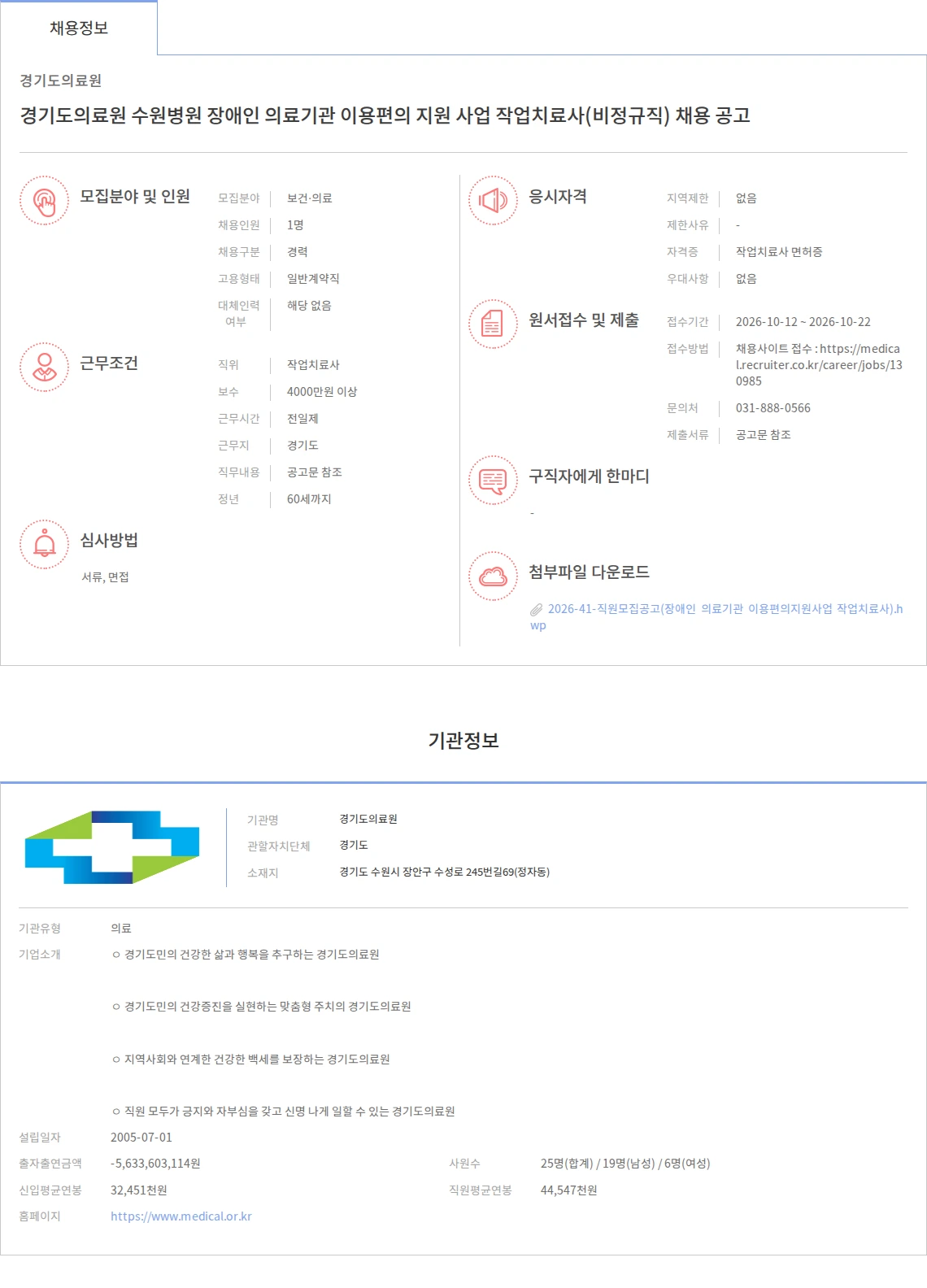경기도의료원 경기도의료원 수원병원 장애인 의료기관 이용편의 지원 사업 작업치료사(비정규직) 채용 공고 채용공고