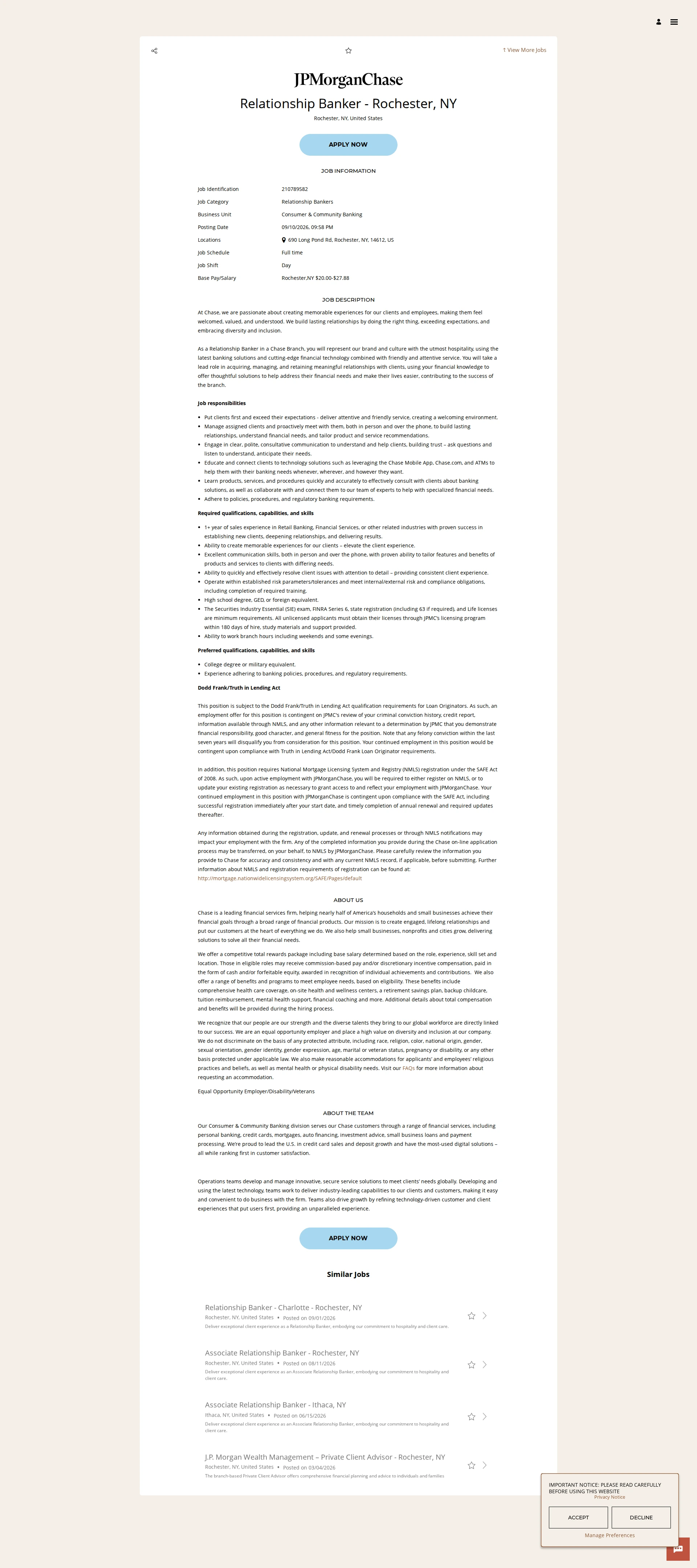 JPMorganChase Relationship Banker - Rochester, NY 채용공고