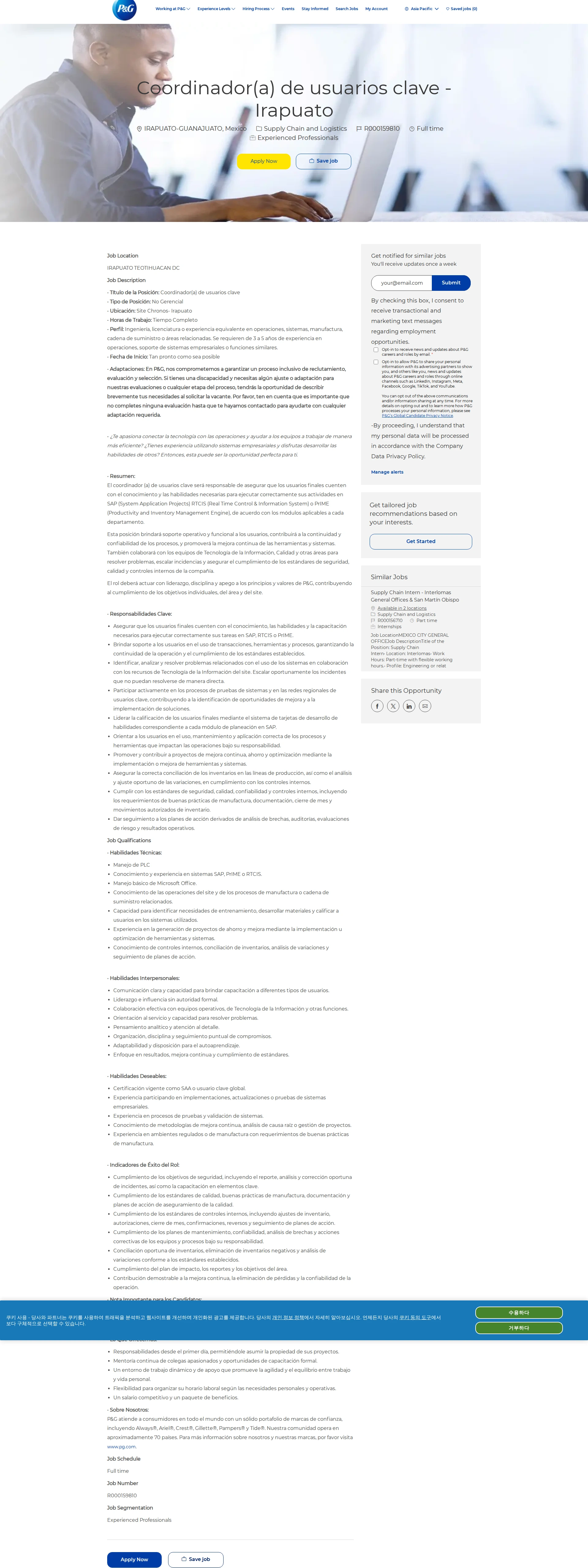 P&G Coordinador(a) de usuarios clave - Irapuato 채용공고
