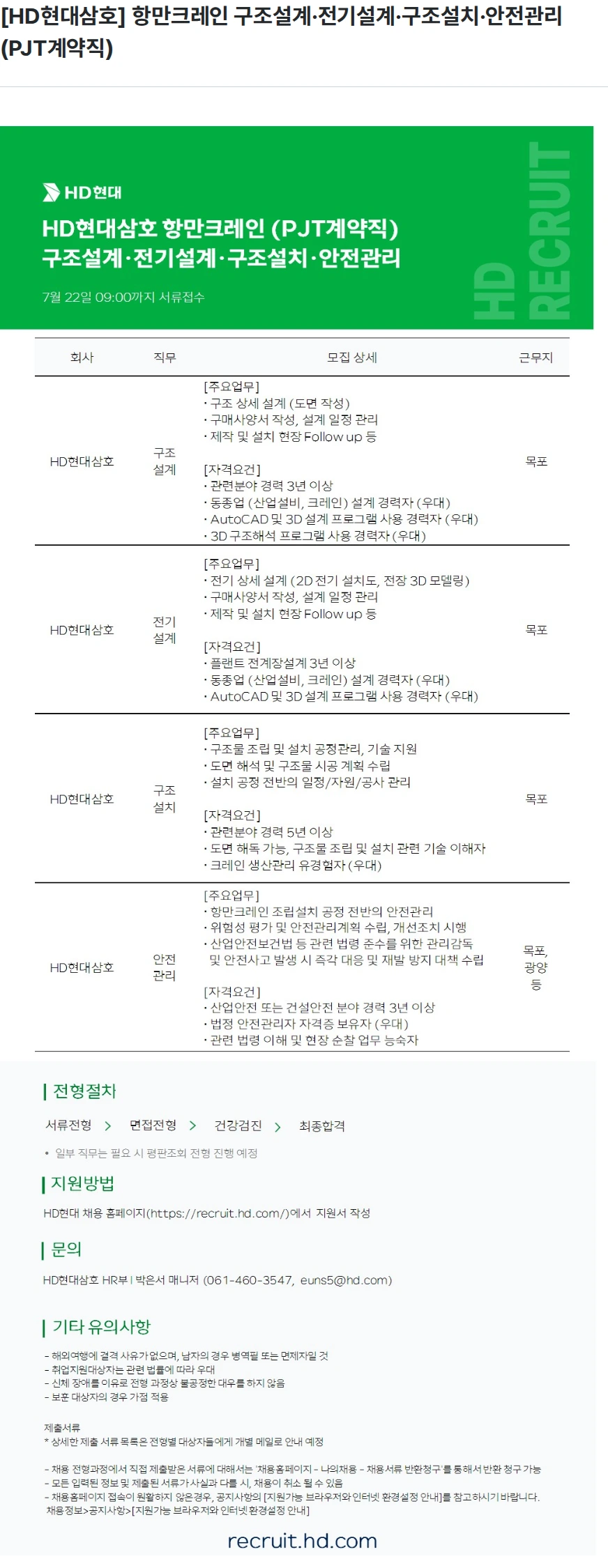 현대삼호중공업 [HD현대삼호] 항만크레인 구조설계·전기설계·구조설치·안전관리 (PJT계약직) 채용공고