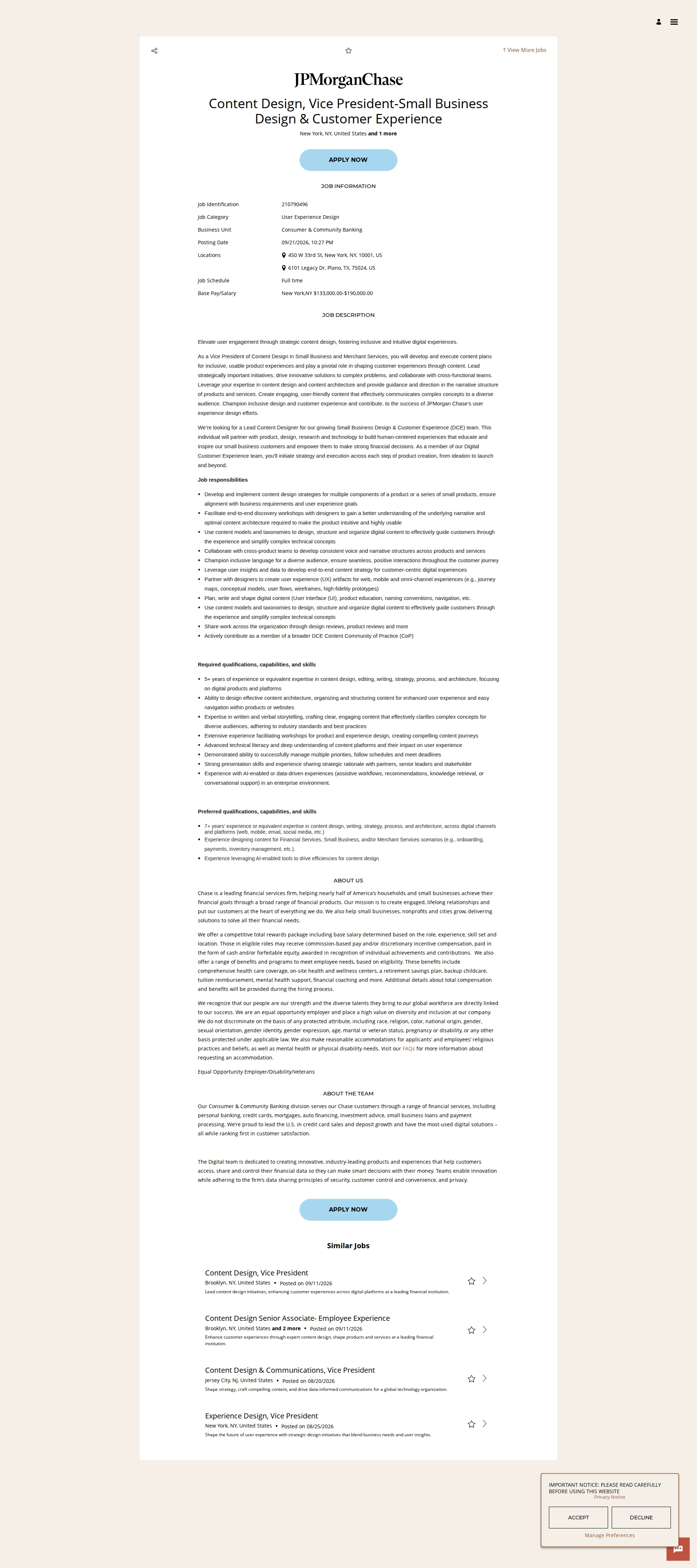 JPMorganChase Content Design, Vice President-Small Business Design & Customer Experience 채용공고