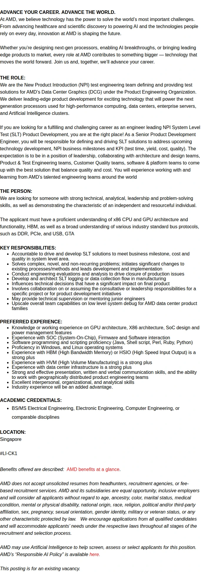 AMD Senior Product Development Engineer (SLT) 채용공고