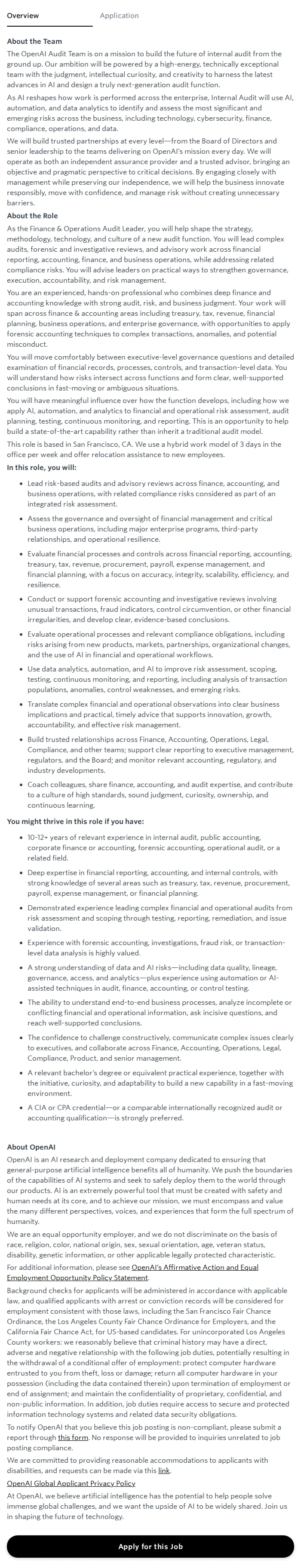 오픈에이아이(OpenAI) Finance & Operations Audit Leader 채용공고