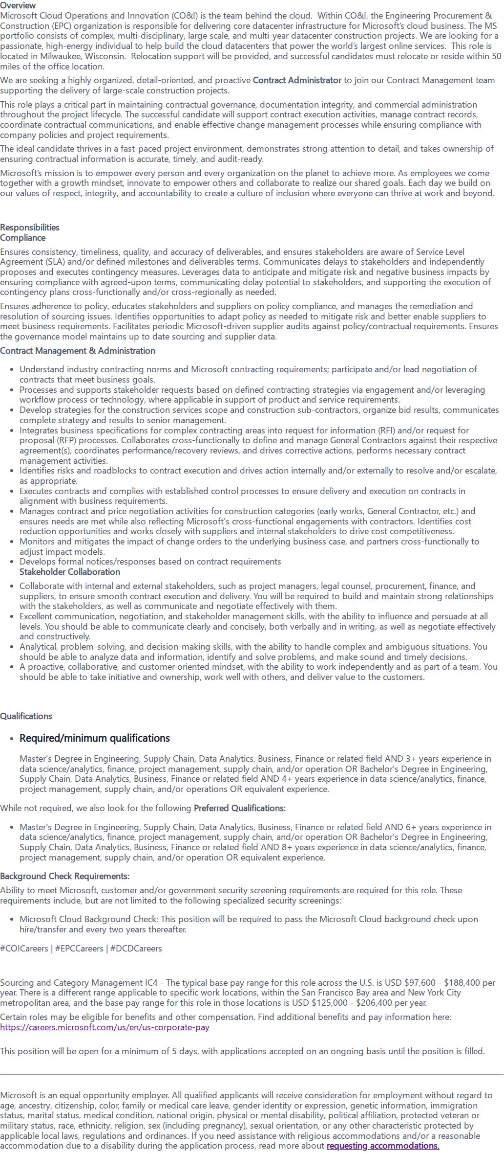 마이크로소프트(Microsoft) Contract Administrator 채용공고