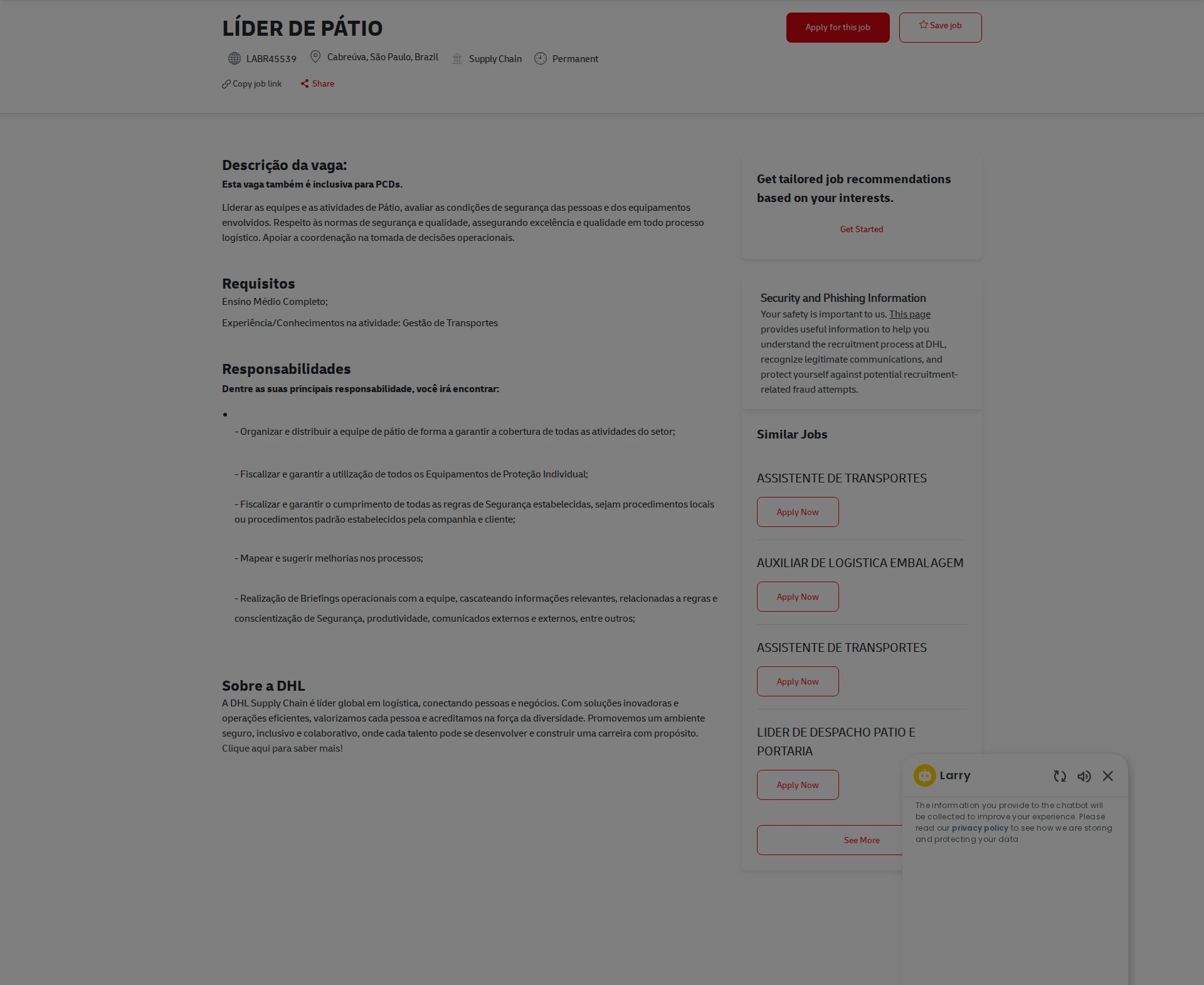DHL LÍDER DE PÁTIO 채용공고
