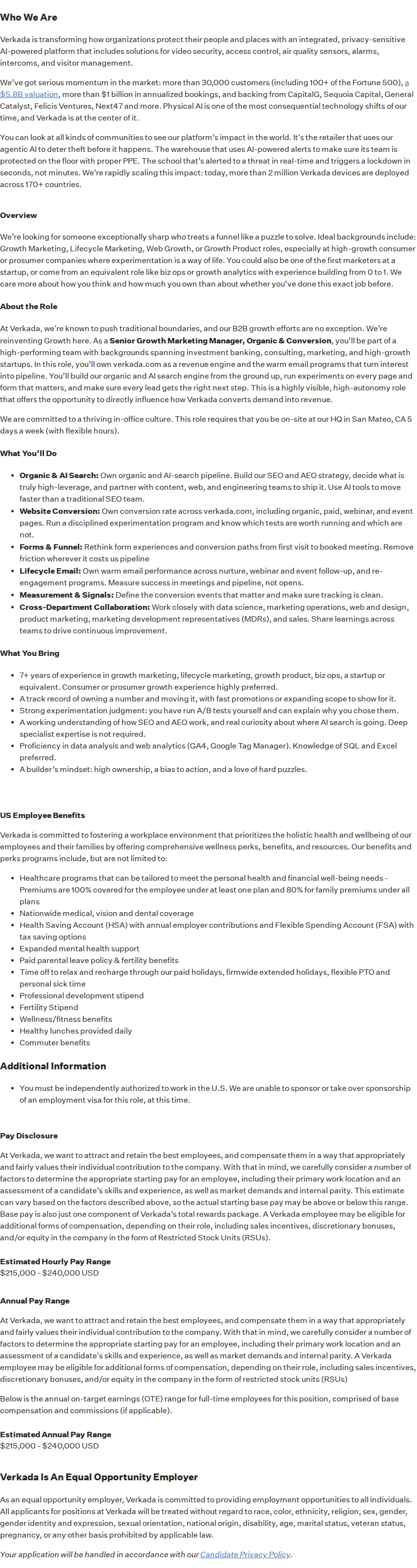 버카다 Senior Growth Marketing Manager, Organic and Conversion 채용공고