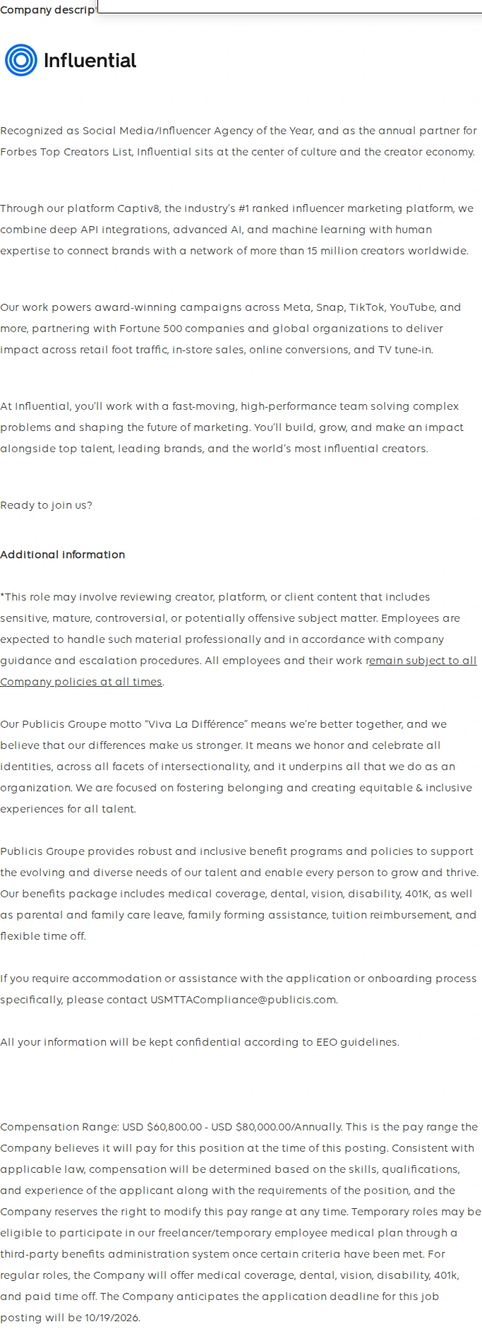 Publicis Groupe Specialist, Creator Management 채용공고