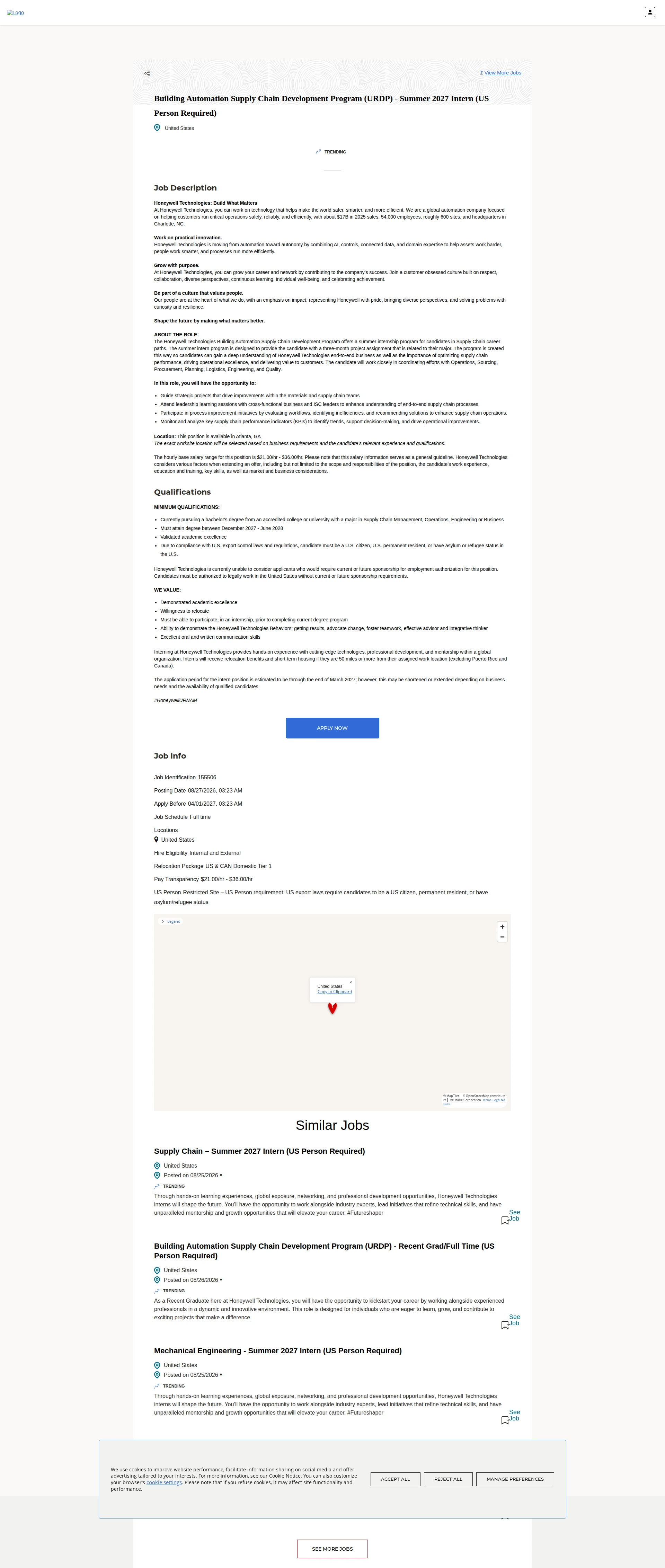 허니웰 Building Automation Supply Chain Development Program (URDP) - Summer 2027 Intern (US Person Required) 채용공고