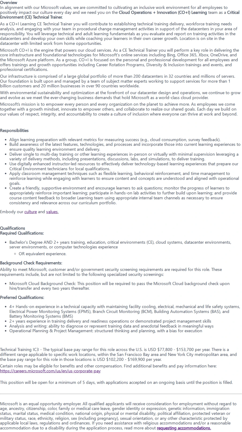 마이크로소프트(Microsoft) Critical Environment Technical Trainer 채용공고