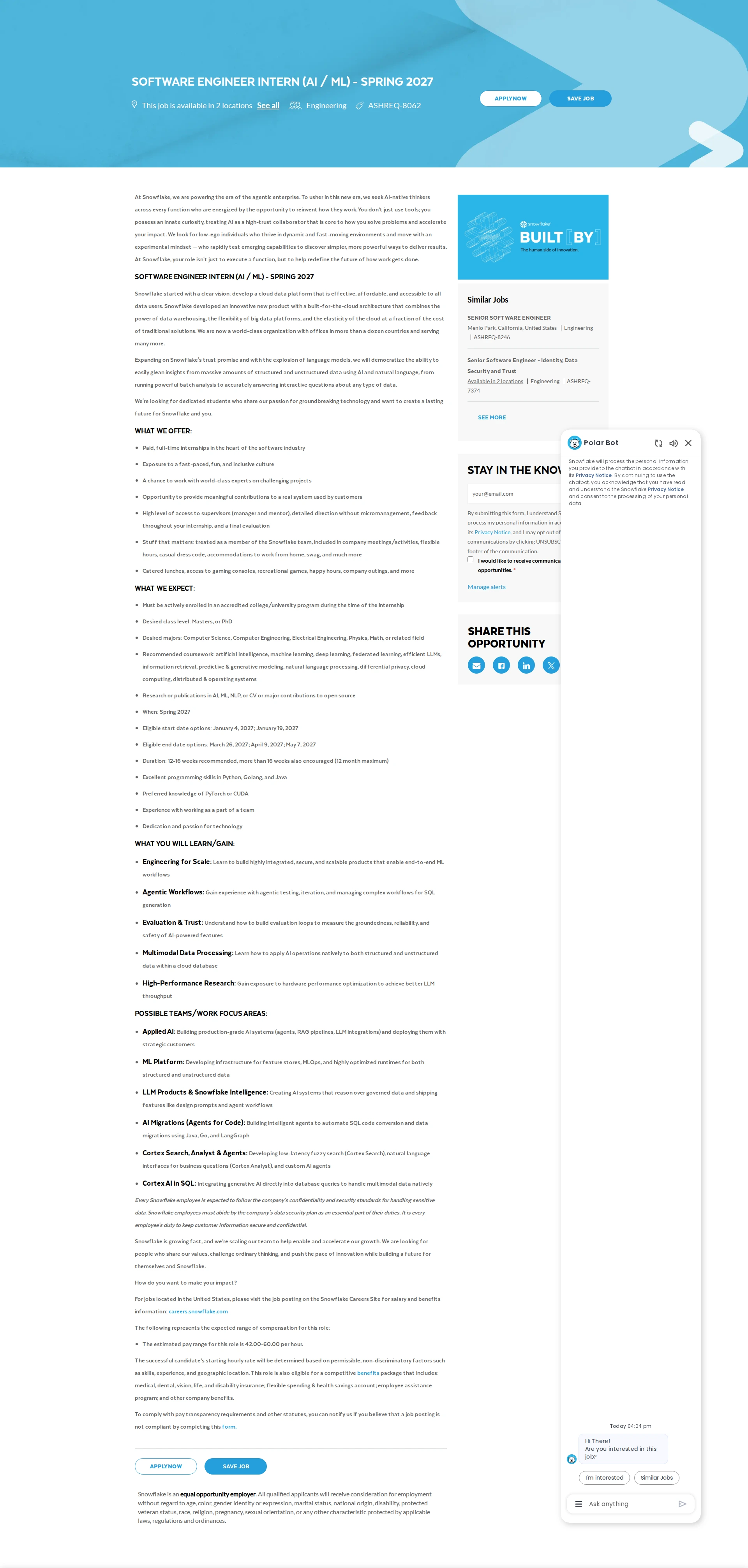스노우플레이크 Software Engineer Intern (AI / ML) - Spring 2027 채용공고