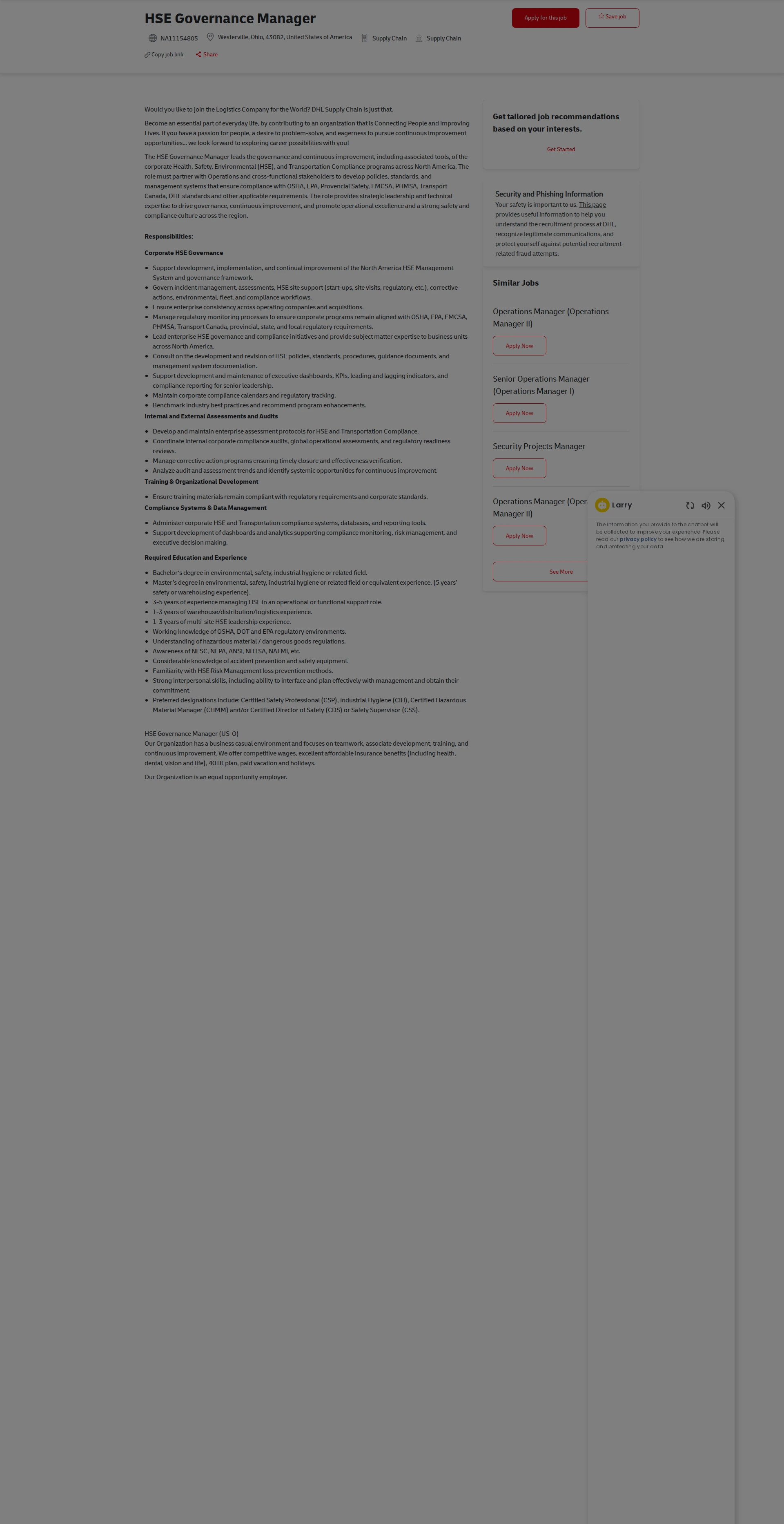 DHL HSE Governance Manager 채용공고
