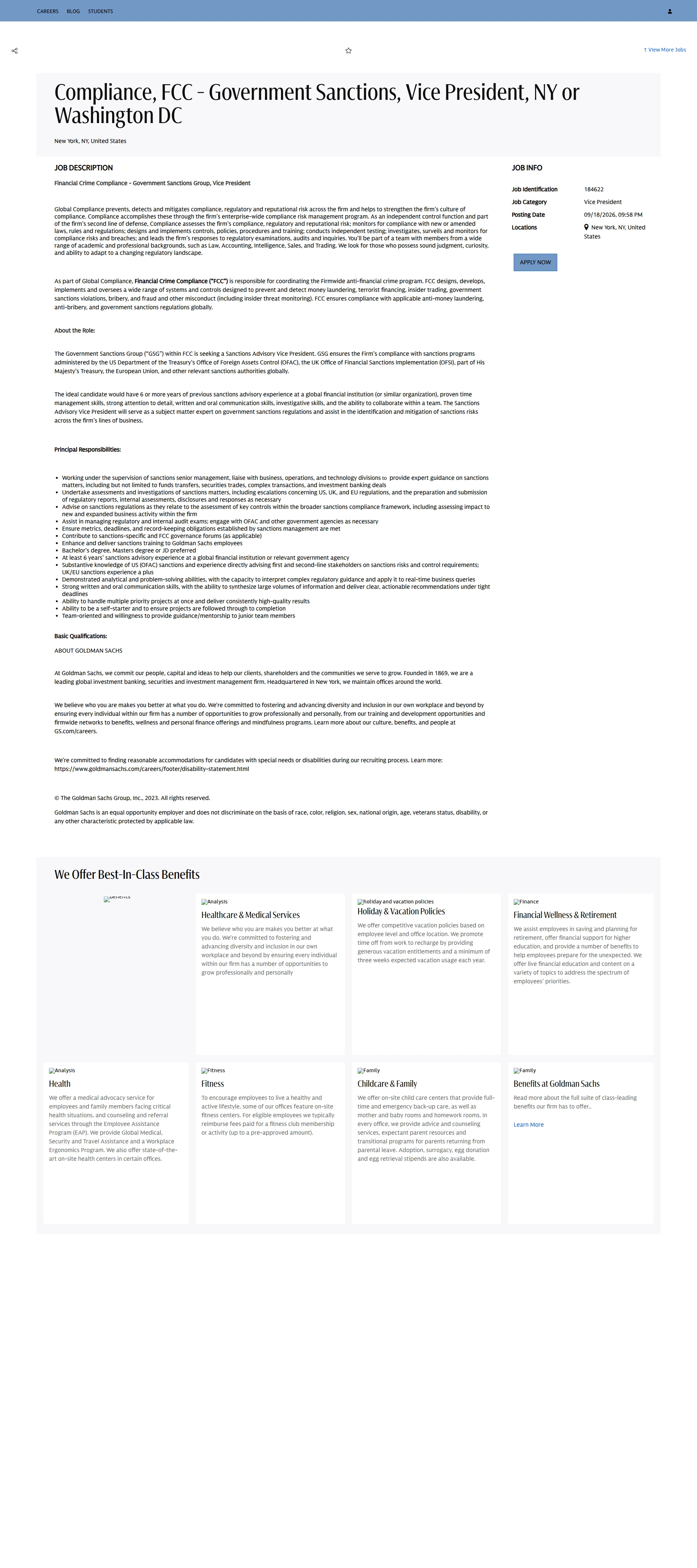 골드만삭스 Compliance, FCC - Government Sanctions, Vice President, NY or Washington DC 채용공고