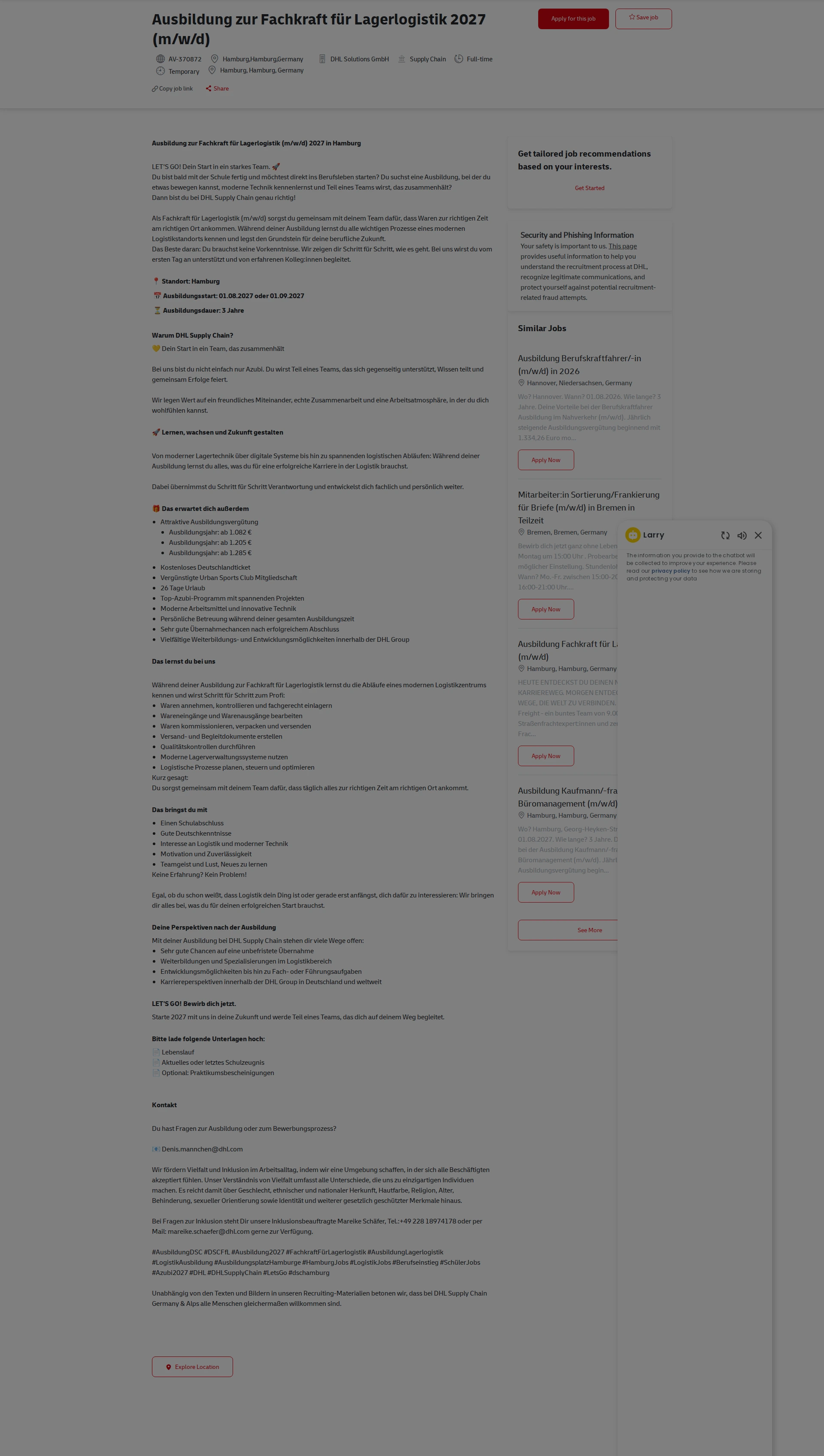 DHL Ausbildung zur Fachkraft für Lagerlogistik 2027 (m/w/d) 채용공고