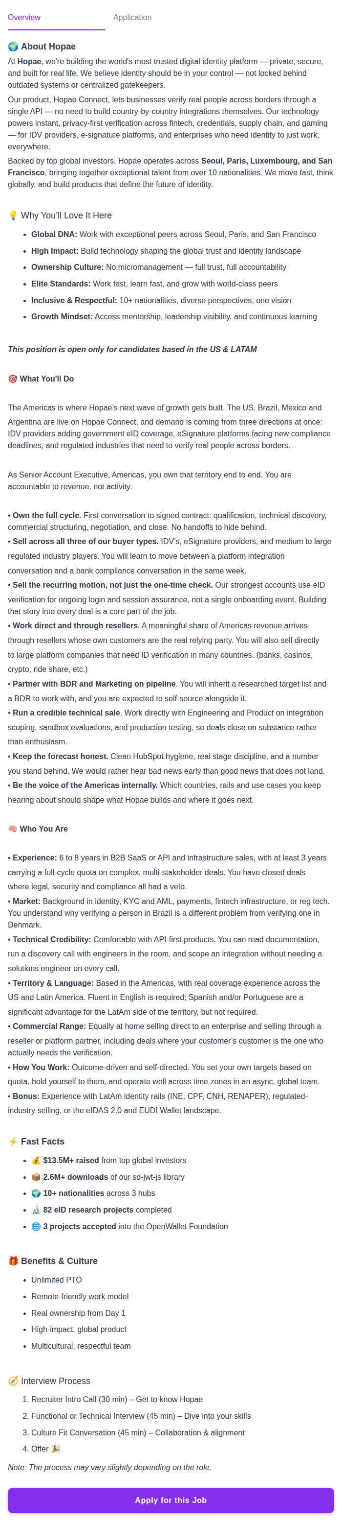 호패 Senior Account Executive - Americas 채용공고
