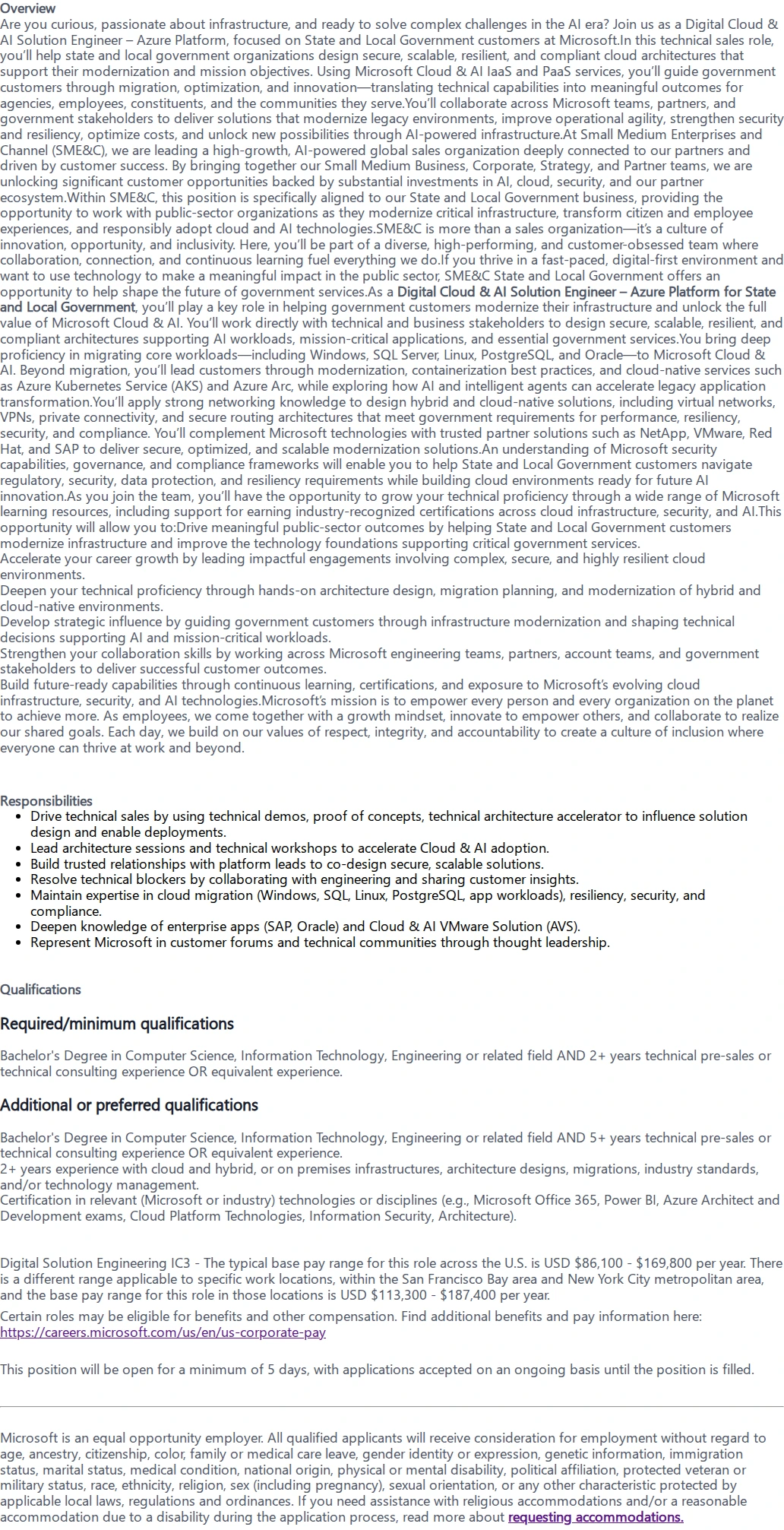 마이크로소프트(Microsoft) Digital Cloud & AI Solution Engineer - Azure Platform State & Local Government 채용공고